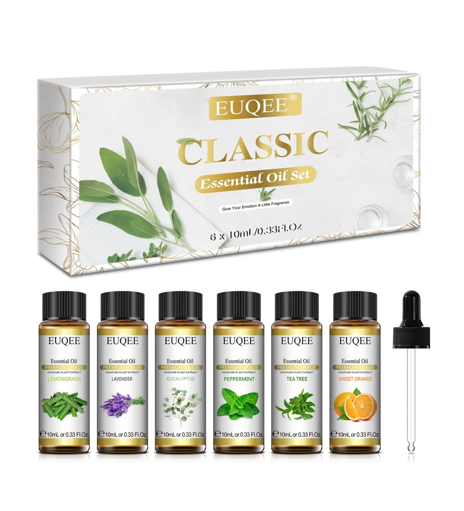 EUQEE Essential Oils Set - Lavender, Eucalyptus, Peppermint, Tea Tree, Sweet Orange, Lemongrass - 100% Pure Therapeutic Grade Aromatherapy Oils for Diffuser - 6 x 10ml White - Buy Online on SooperMarket.com