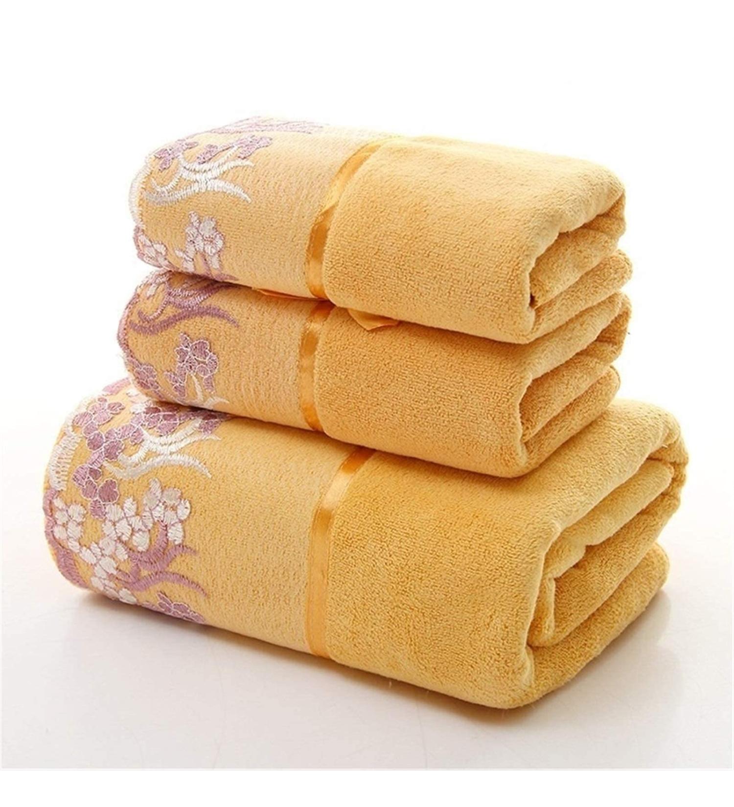 Lace Edge Embroidered Bath Towel Set - Super Absorbent Fiber - Yellow - 3 Piece Set - Buy Online on SooperMarket.com