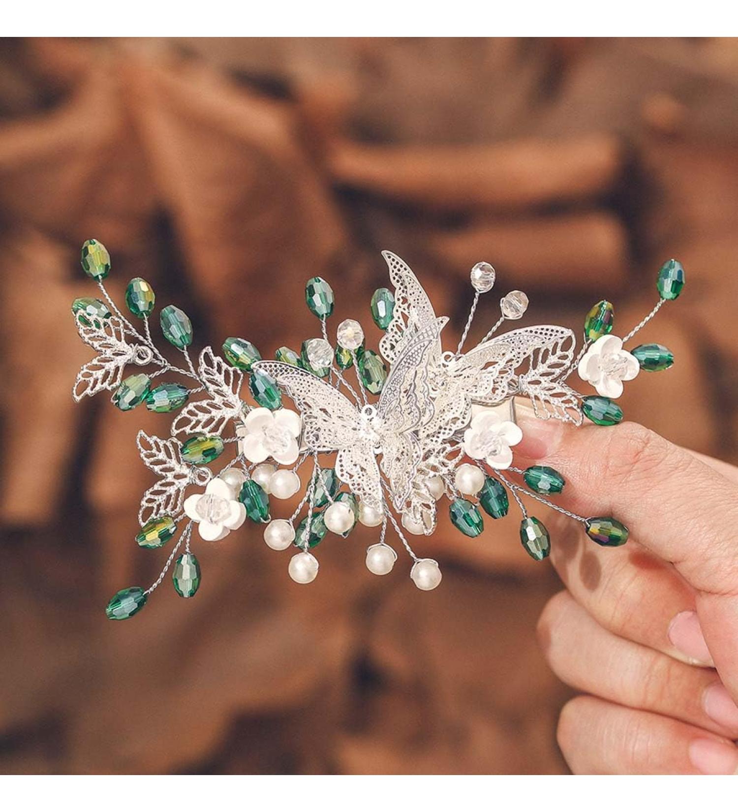 IYOU Bridal Wedding Hair Clips Green Crystal Barrette Hair Comb Butterfly Flower Headpiece Prom Bride Hair Accessories for Women - Buy Online on SooperMarket.com