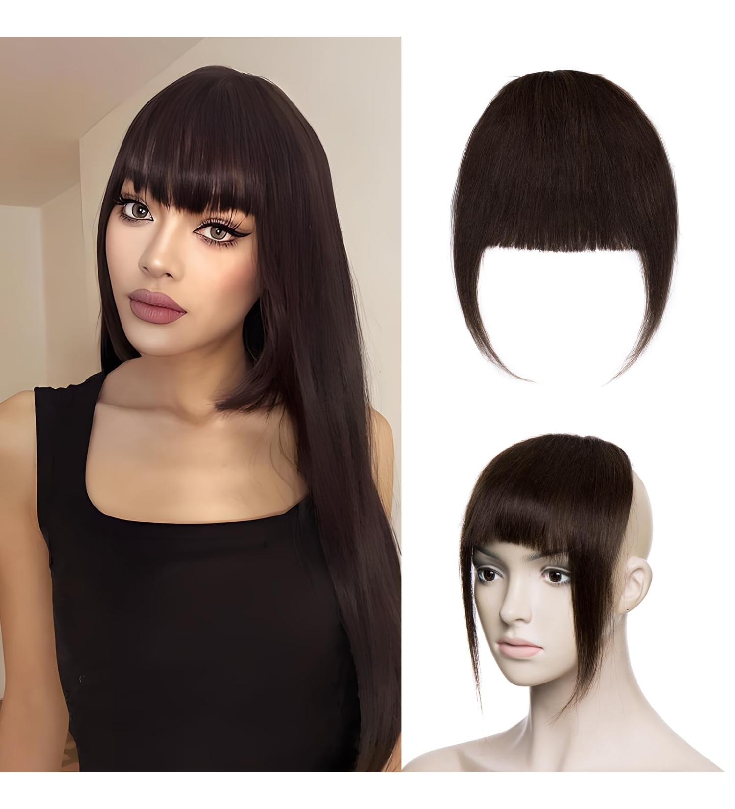 Silk-co One Piece Hair Bangs Fringe Hair Extensions Clip in Human Hair Extension #02 Dark Brown Straight Flat with Temple - Buy Online on SooperMarket.com