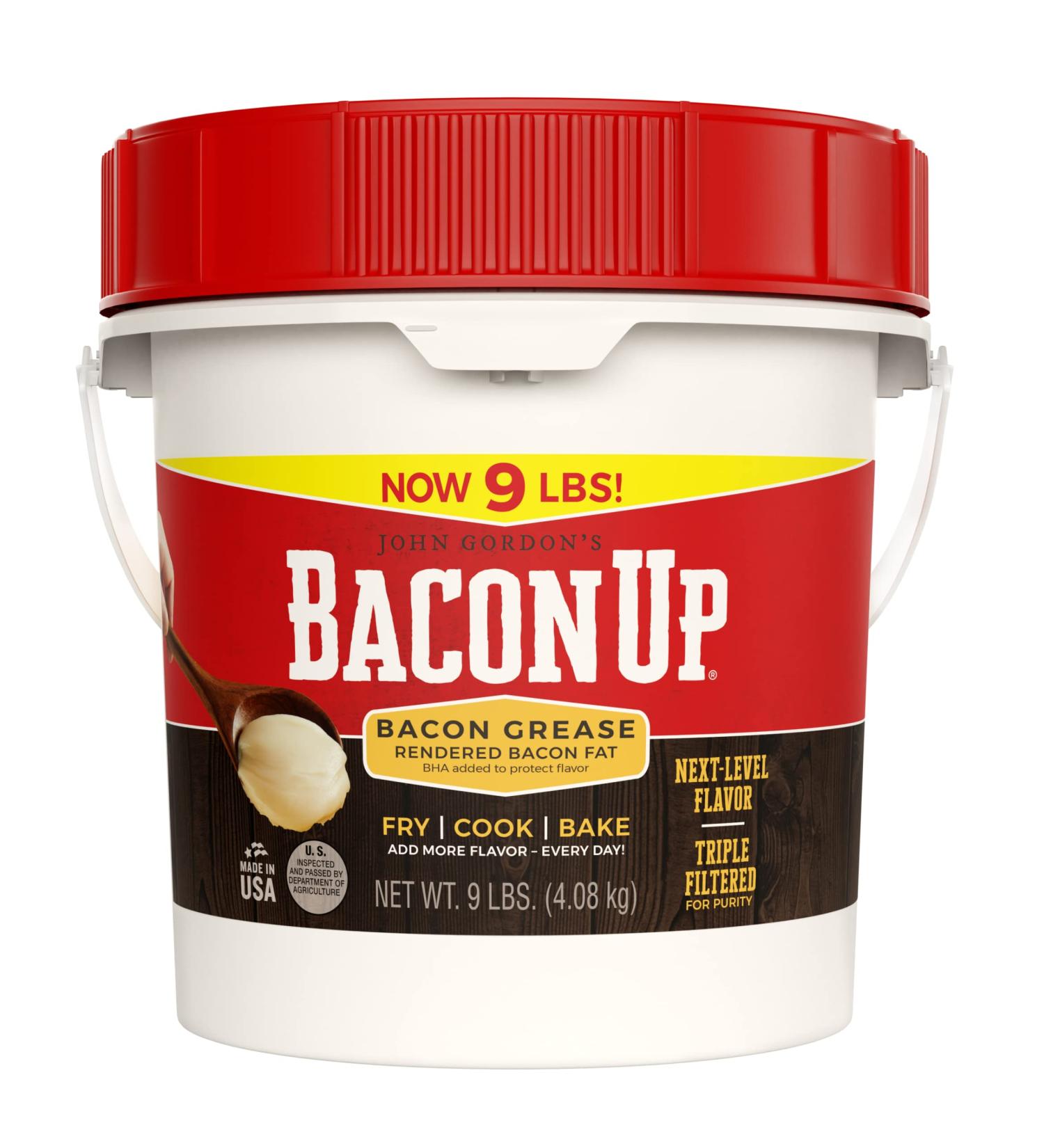 Bacon Up Bacon Grease - 9lb Pail of Authentic Fat for Cooking, Frying & Baking - Gluten-Free, No Carbs, Triple-Filtered & Shelf-Stable - Buy Online on SooperMarket.com