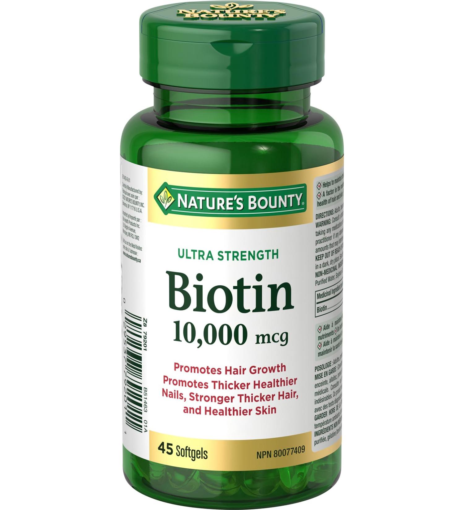 Nature's Bounty Biotin Supplement Promotes Hair Growth and Strong Hair 10000mcg 45 Softgels - Buy Online on SooperMarket.com