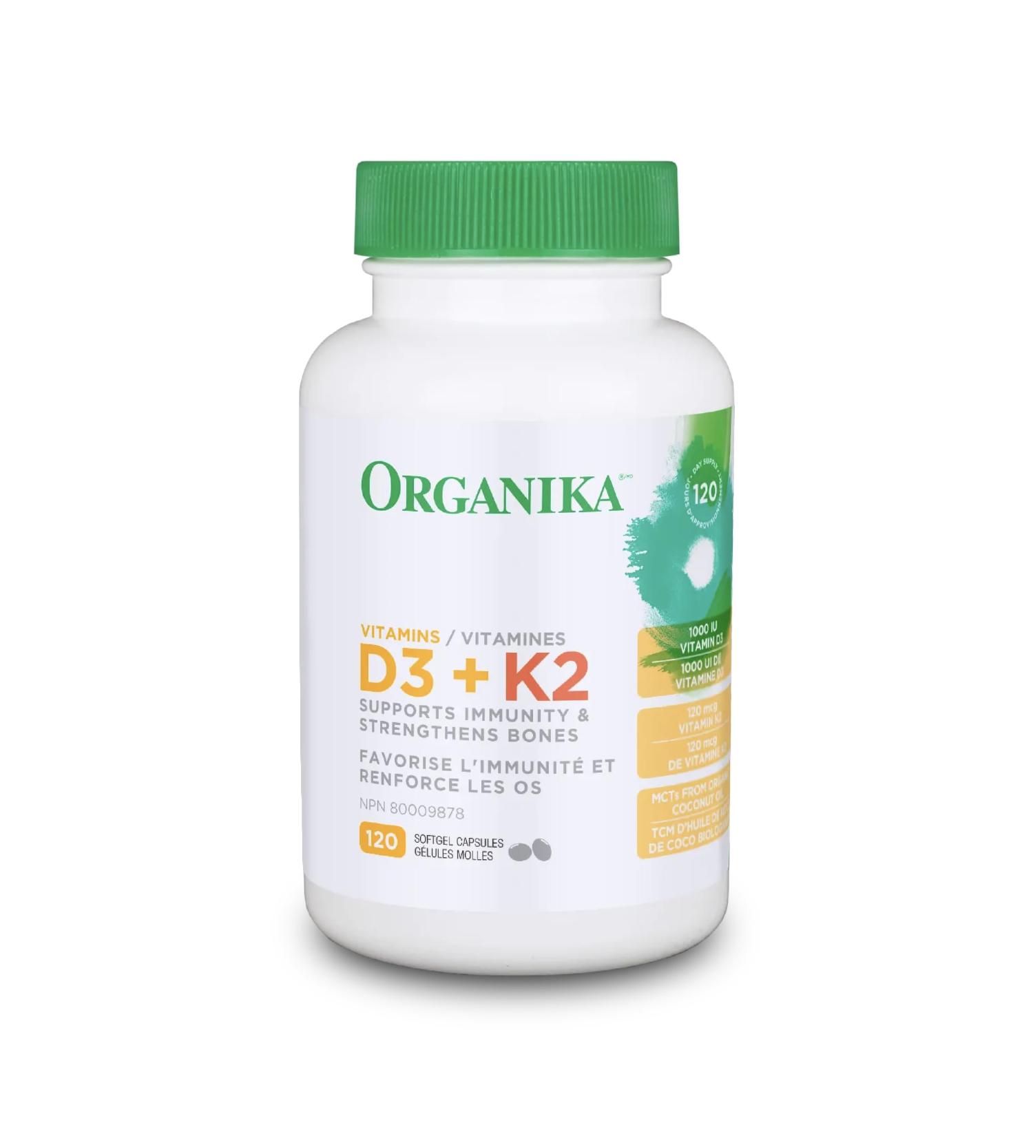 Organika Vitamin D3 + K2 (MK7)- 1000IU D3 and 120mcg K2 per capsule- High Potency Supports Healthy Immune Function and Bones + Teeth- 120sftgl - Buy Online on SooperMarket.com