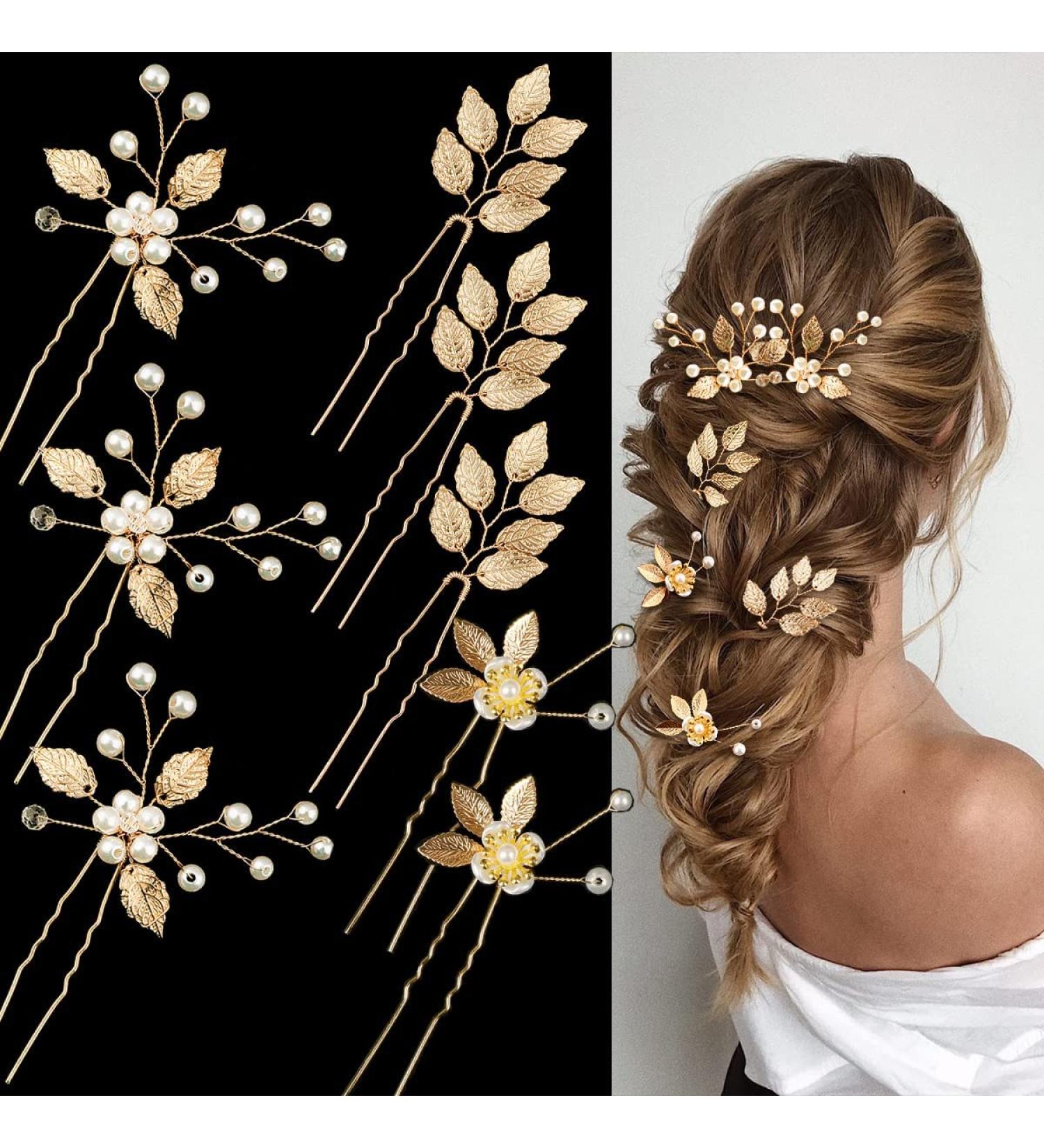 Gold Leaf Wedding Hair Pins with Pearls & Crystals - Bridal Hair Accessories - Buy Online on SooperMarket.com