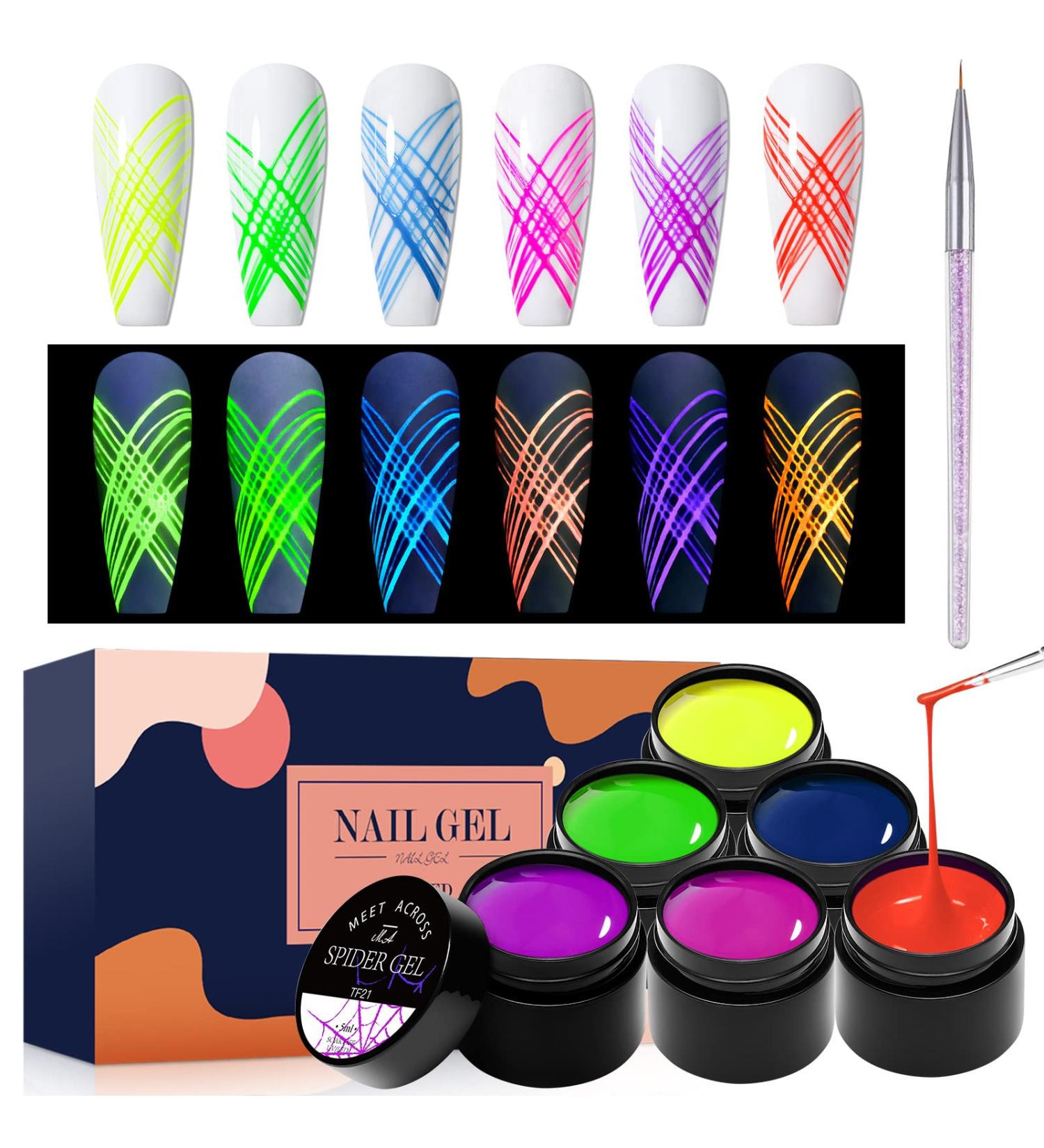 Glow in the Dark Spider Gel Nail Art - 6 Colors Luminous Drawing Gel for DIY Manicure | UV LED Soak Off Elastic Line Painting Gel with Brushes - Buy Online on SooperMarket.com