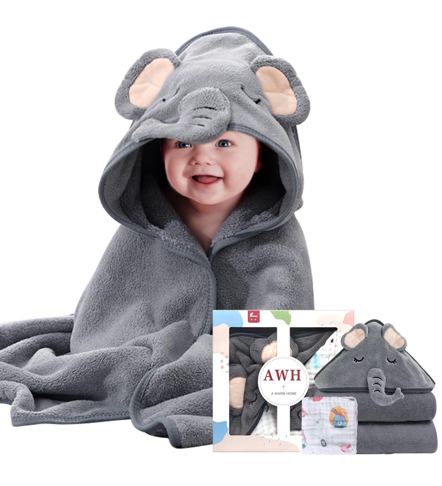 ZXK CO Hooded Baby Bath Towel with Elephant Hood | Absorbent Baby Towel & Flannels Blanket Set | Personalised Baby Gifts - Buy Online on SooperMarket.com