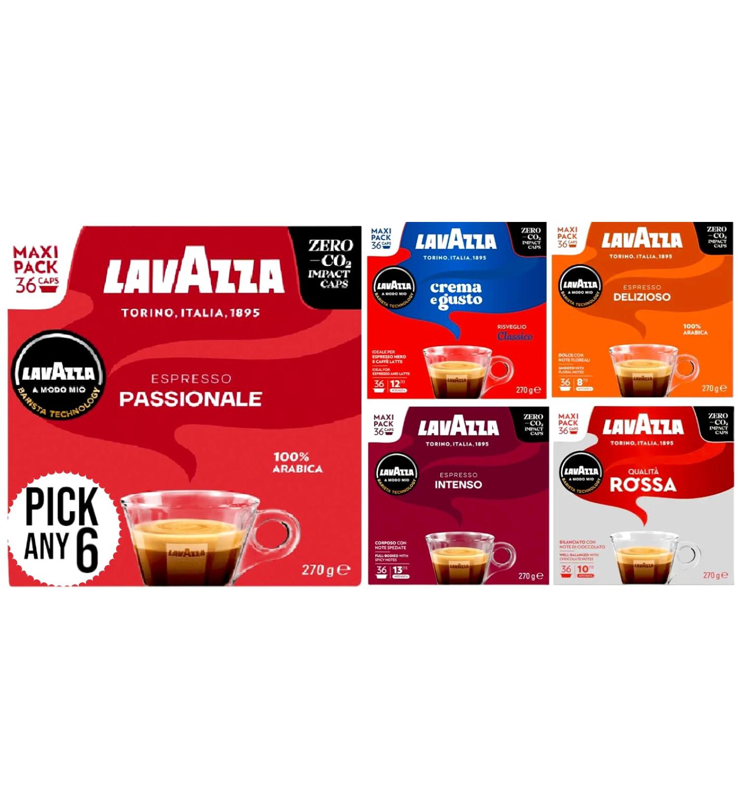 Lavazza A Modo Mio Coffee Pods PICK ANY 6 from 5+ Flavours Inc. Crema e Gusto Classico Delizioso Intenso Passionale and Rossa. (Total 6 Pack 216 Capsules) - Buy Online on SooperMarket.com
