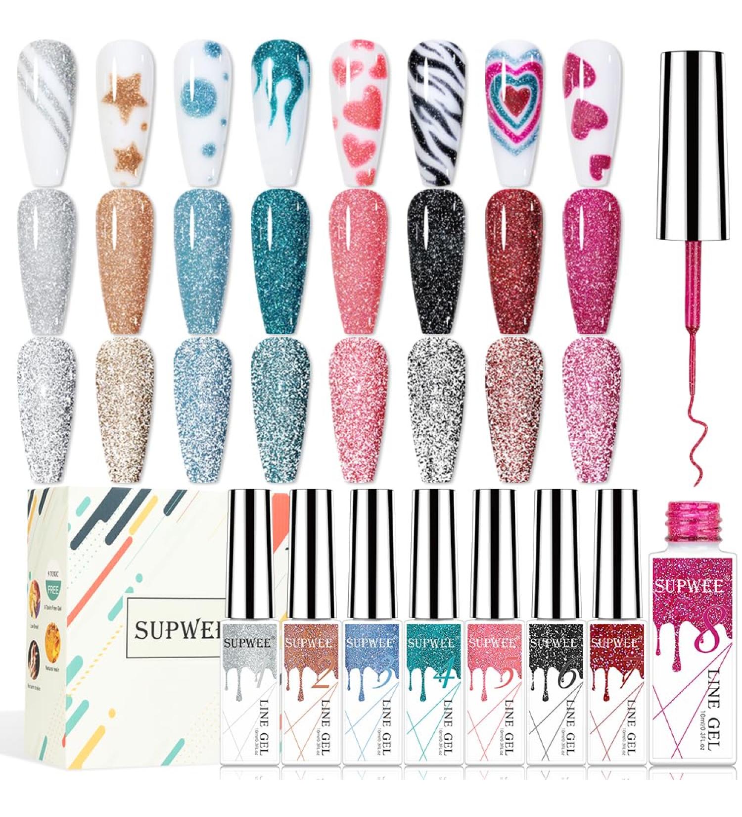 Supwee Reflecting Gel Liner Nail Art Set - 8 Colors Disco Glitter UV Gel Polish for DIY Nail Designs - Buy Online on SooperMarket.com