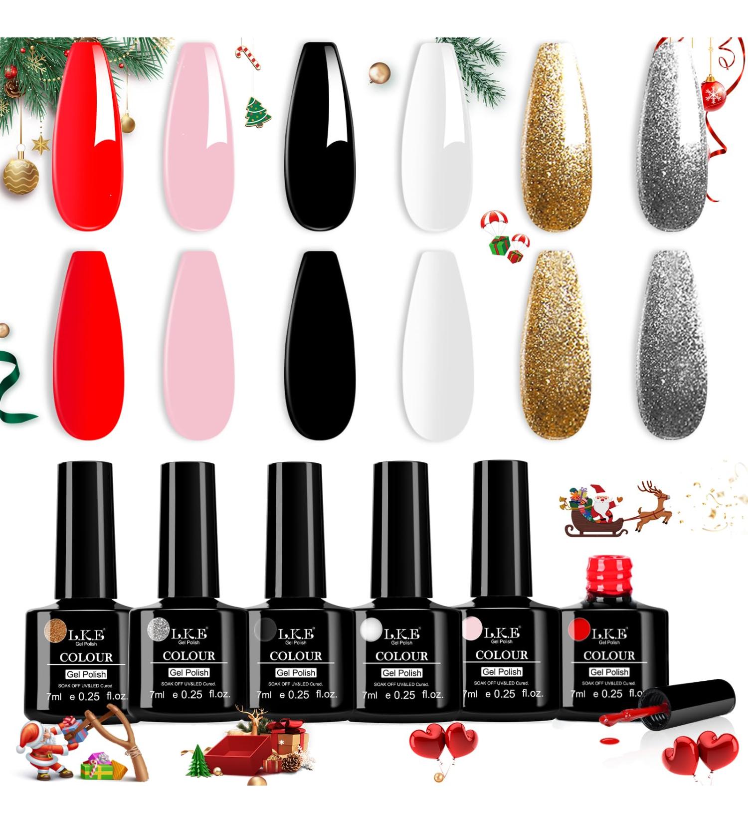 LKE Gel Nail Polish Set - 6 Colors for All Seasons | White Black Red Pink Gold & Silver Glitter | Soak Off UV/LED Nail Kit for Home & Salon Manicure - Buy Online on SooperMarket.com