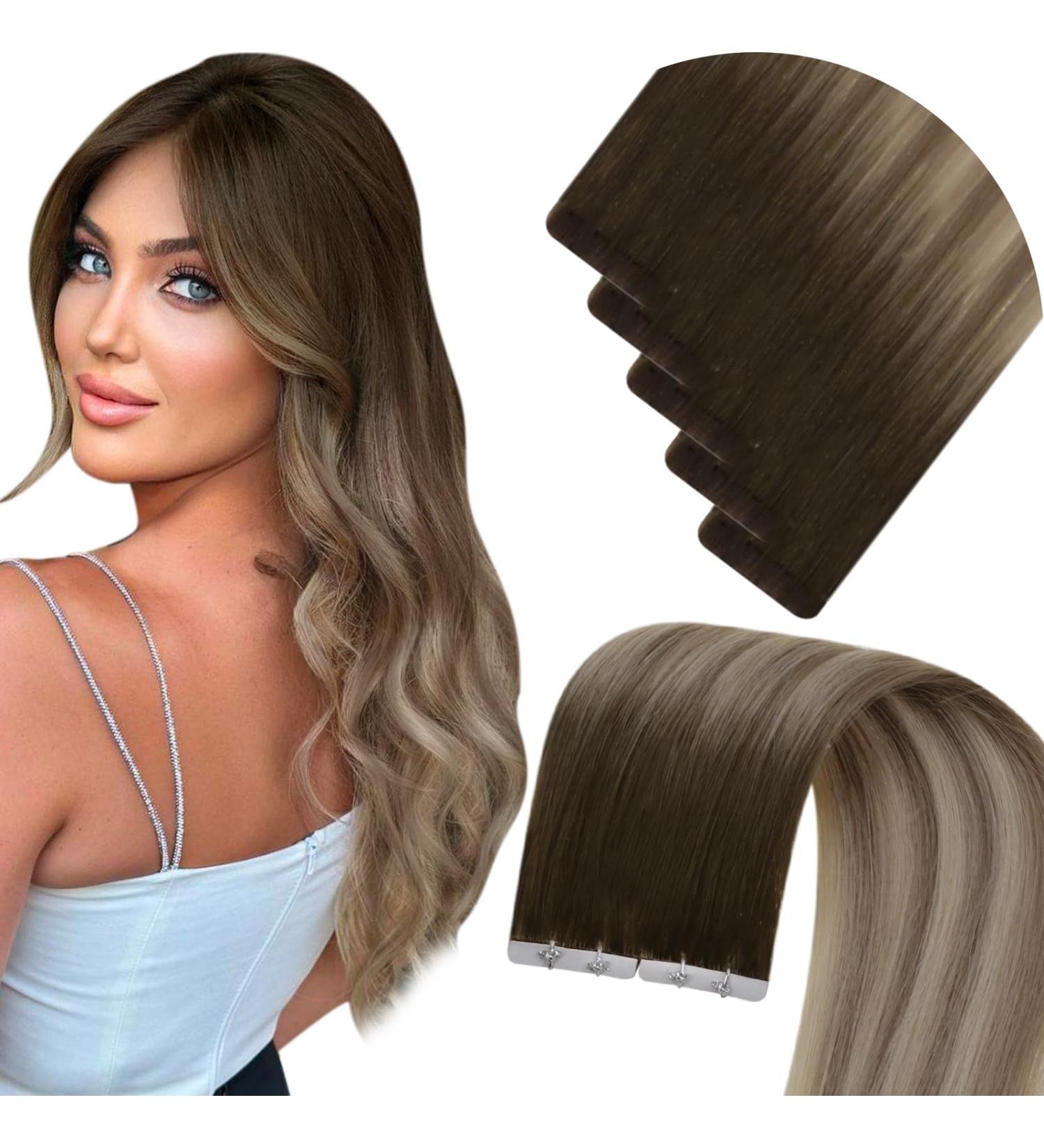 LAAVOO Ombre Blond Real Hair Tape Extensions - 55cm Invisible Seamless #4/7/80 | International Shipping - Buy Online on SooperMarket.com