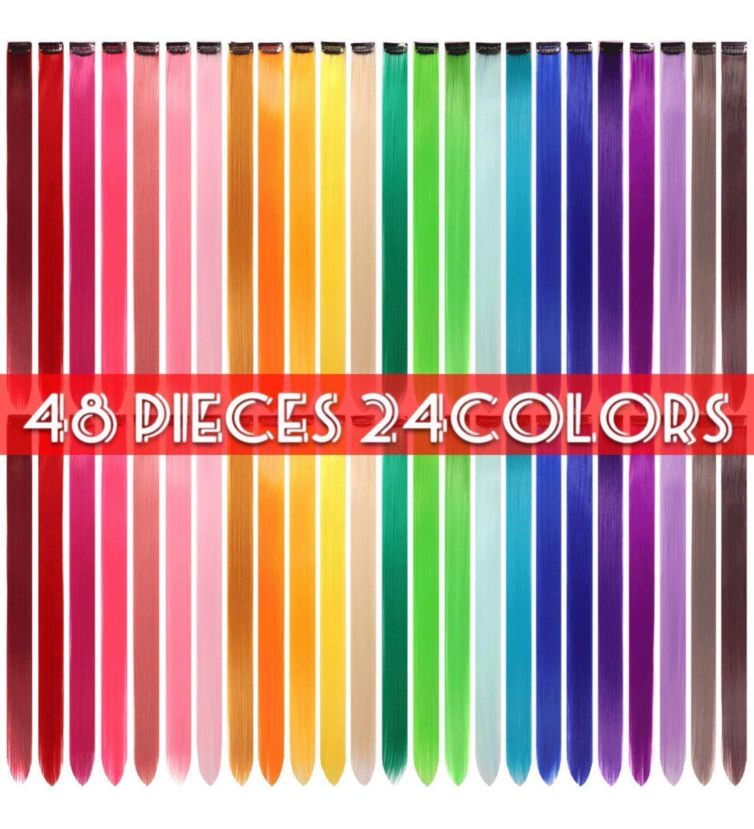 48 Pcs Colorful 21 Inch Straight Clip in Hair Extensions - Rainbow Multi-color Synthetic Long Hairpiece for Women, Girls, and Kids - 24 Colors, Perfect for Parties and Highlights - Buy Online on SooperMarket.com