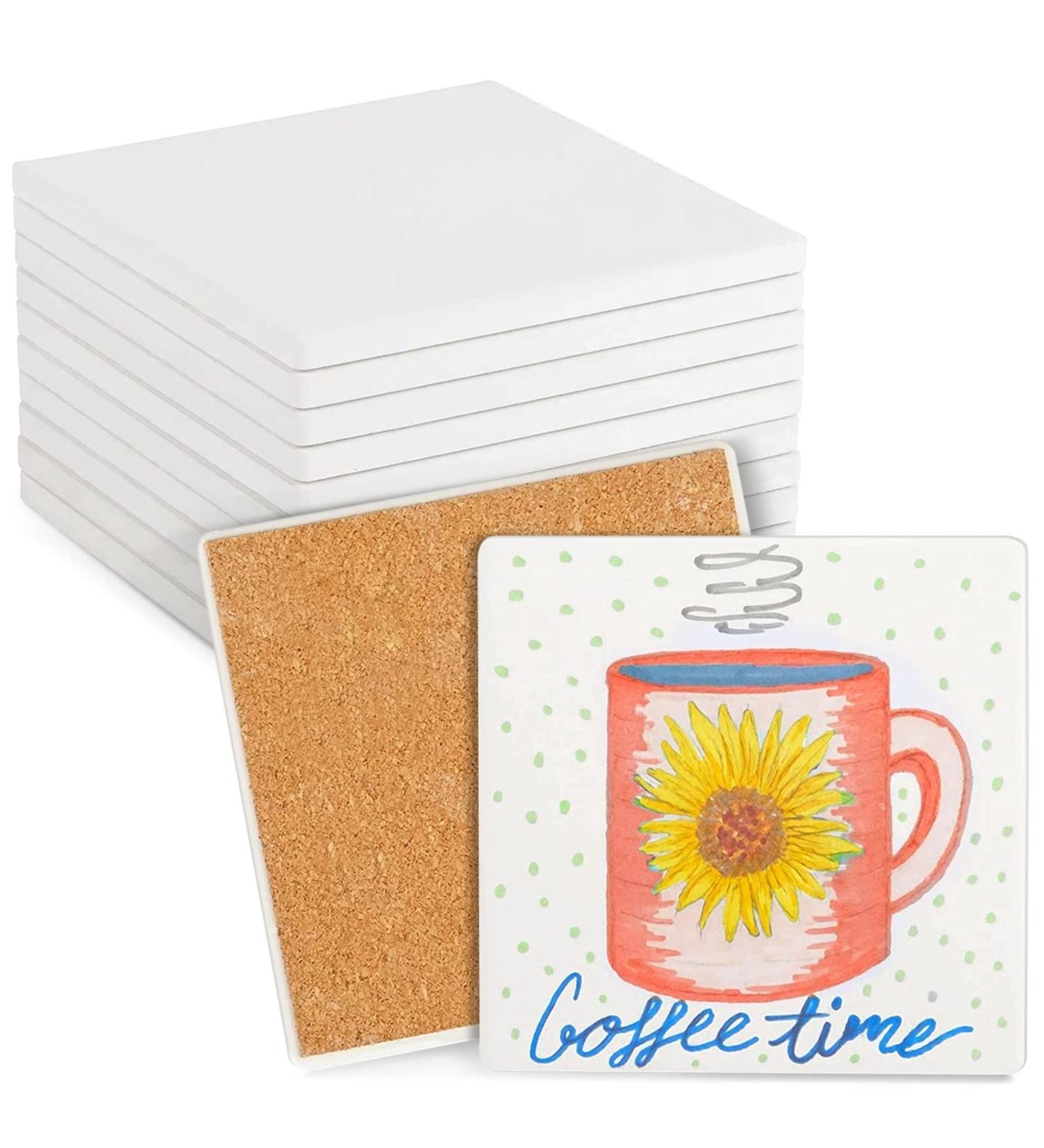 10 Pack White Unglazed Ceramic Tiles with Cork Backing Pads - 4.25 x 4.25 in Square - Ideal for Coasters DIY Crafts - Buy Online on SooperMarket.com