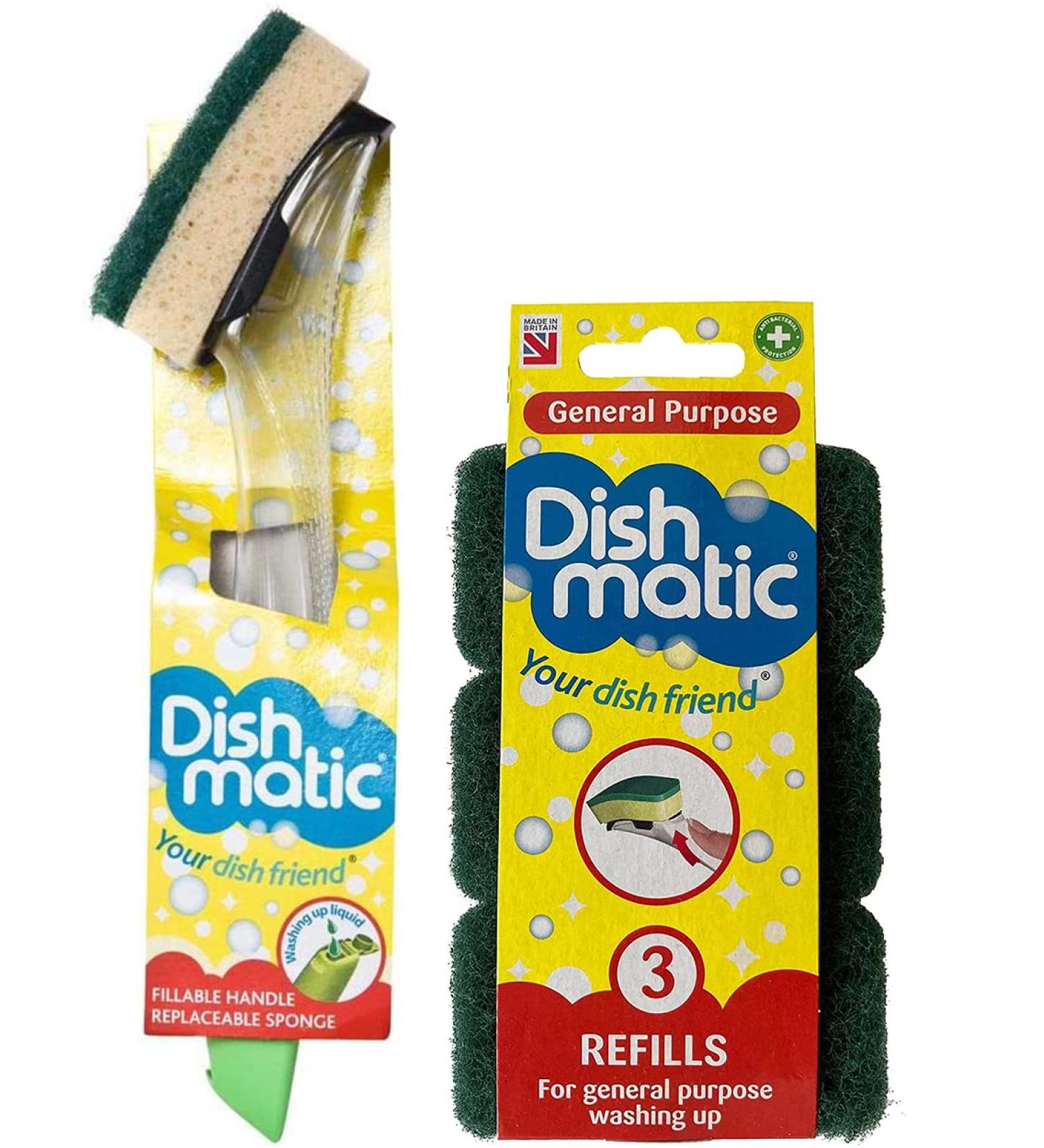 Dishmatic Fillable Washing up Brush and Sponge with 3X Refills - Easy Grip Dish Cleaner + Bonus - General Purpose Dishmatic Brush - Buy Online on SooperMarket.com