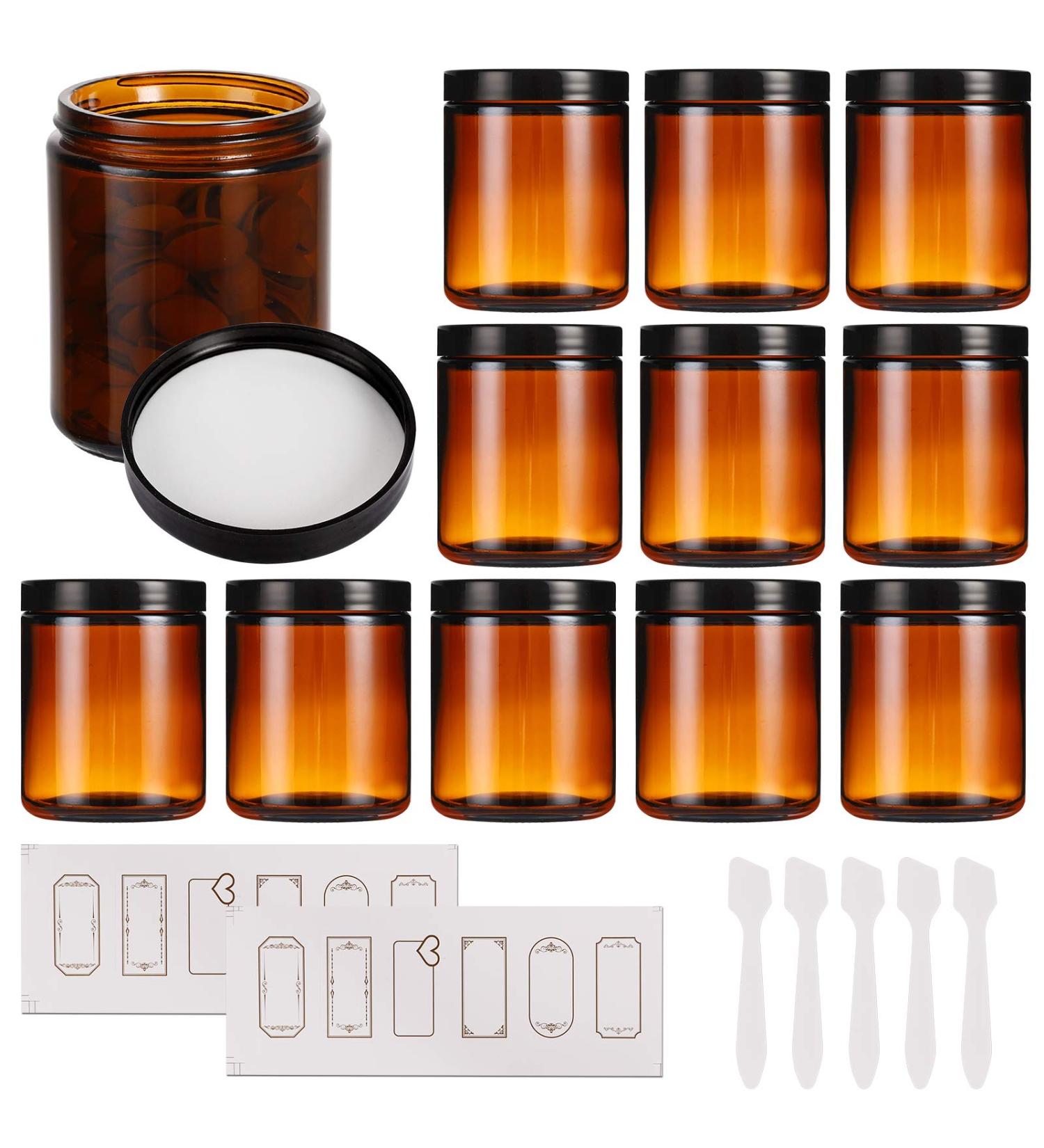 12 Pack 8 oz Amber Glass Jars with Lids - Round Empty Containers for Scrubs, Lotions, Cosmetics - Travel Storage Jar Set with White Liners, Black Lids, Labels, and Spatulas - Buy Online on SooperMarket.com
