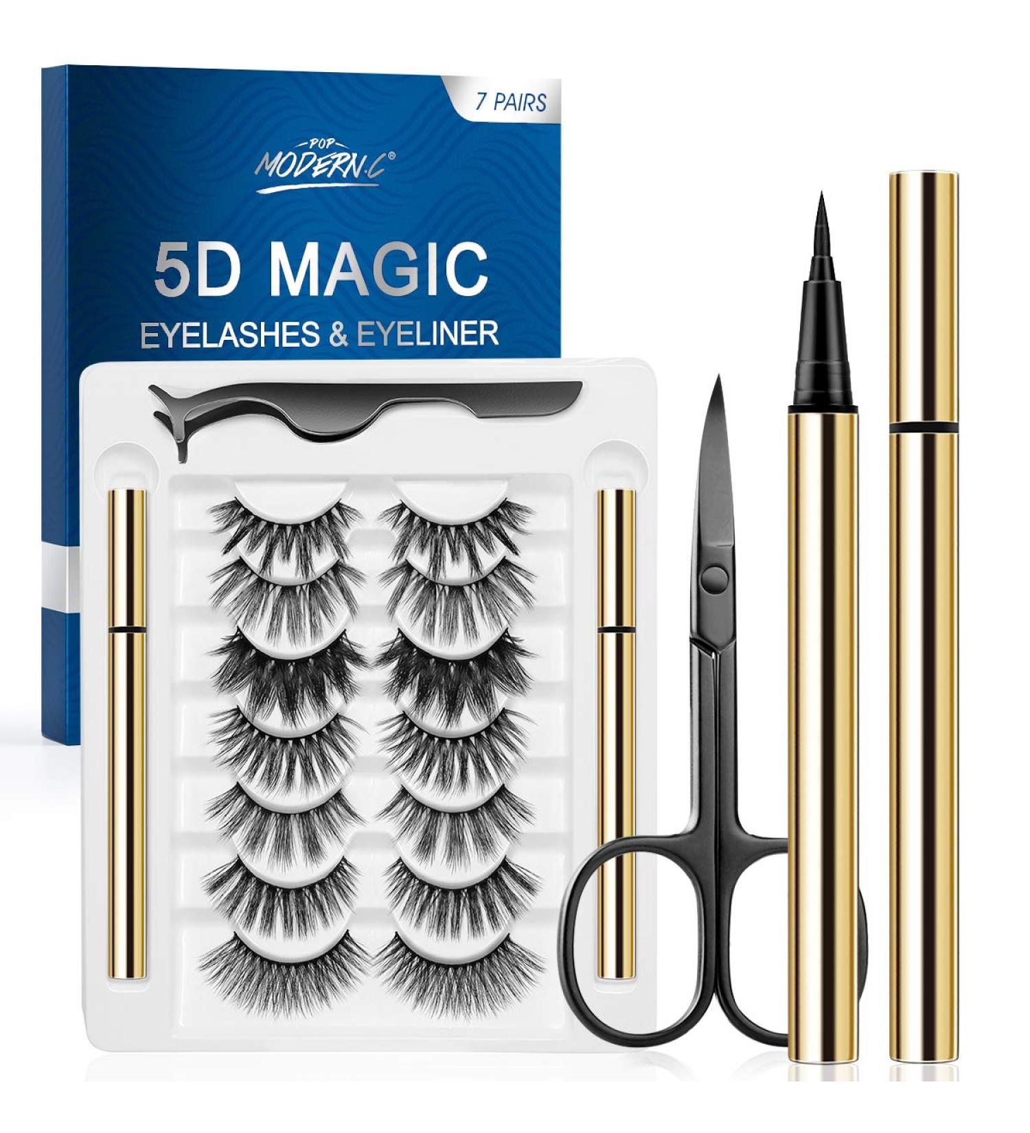 Magic Magnetic Eyelashes and Eyeliner Kit - 3D 5D Natural Look False Lashes - No Glue Needed - 7 Pairs Eyelashes + Eyeliner Pen (Blue) - Buy Online on SooperMarket.com