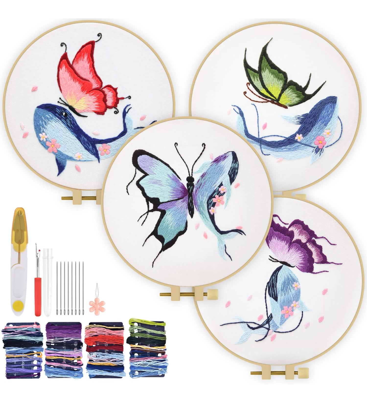 Embroidery Stitch Practice Kit - 4 Sets Butterfly & Whale Designs for Beginners | Includes Cloth, Hoops, Threads | Learn Embroidery Skills - Buy Online on SooperMarket.com