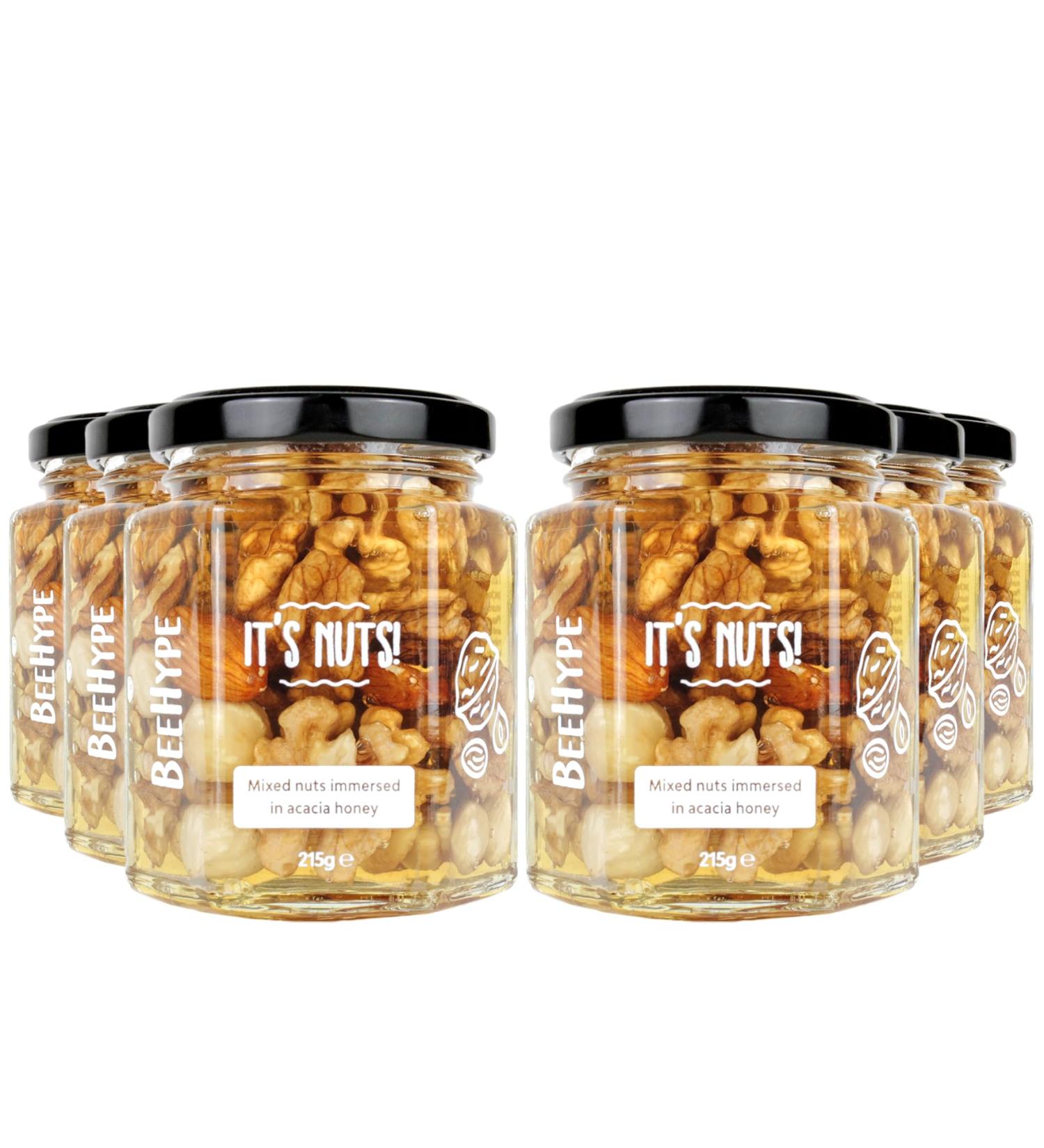 BeeHype - It's Nuts! Mixed Nuts in Pure Raw Acacia Honey with Natural Enzymes Vitamins Minerals Antioxidants and 14g of Protein Per Jar 6 x 215g It's Nuts! Pack of 6 - Buy Online on SooperMarket.com
