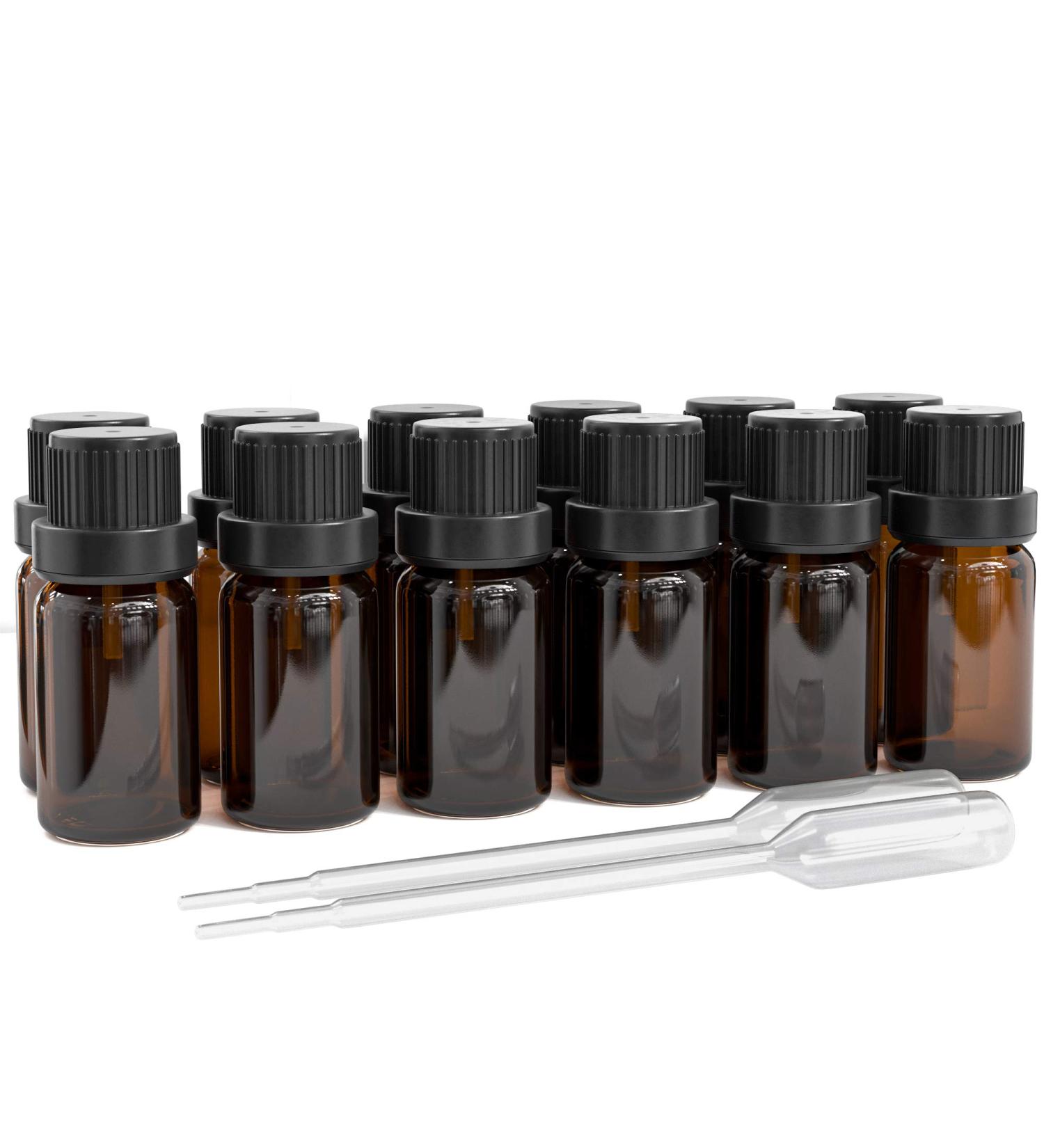 Refillable Empty Amber Glass Bottles for Essential Oils - 12 Pack with Dropper and Cap - DIY Aromatherapy Kit - Buy Online on SooperMarket.com