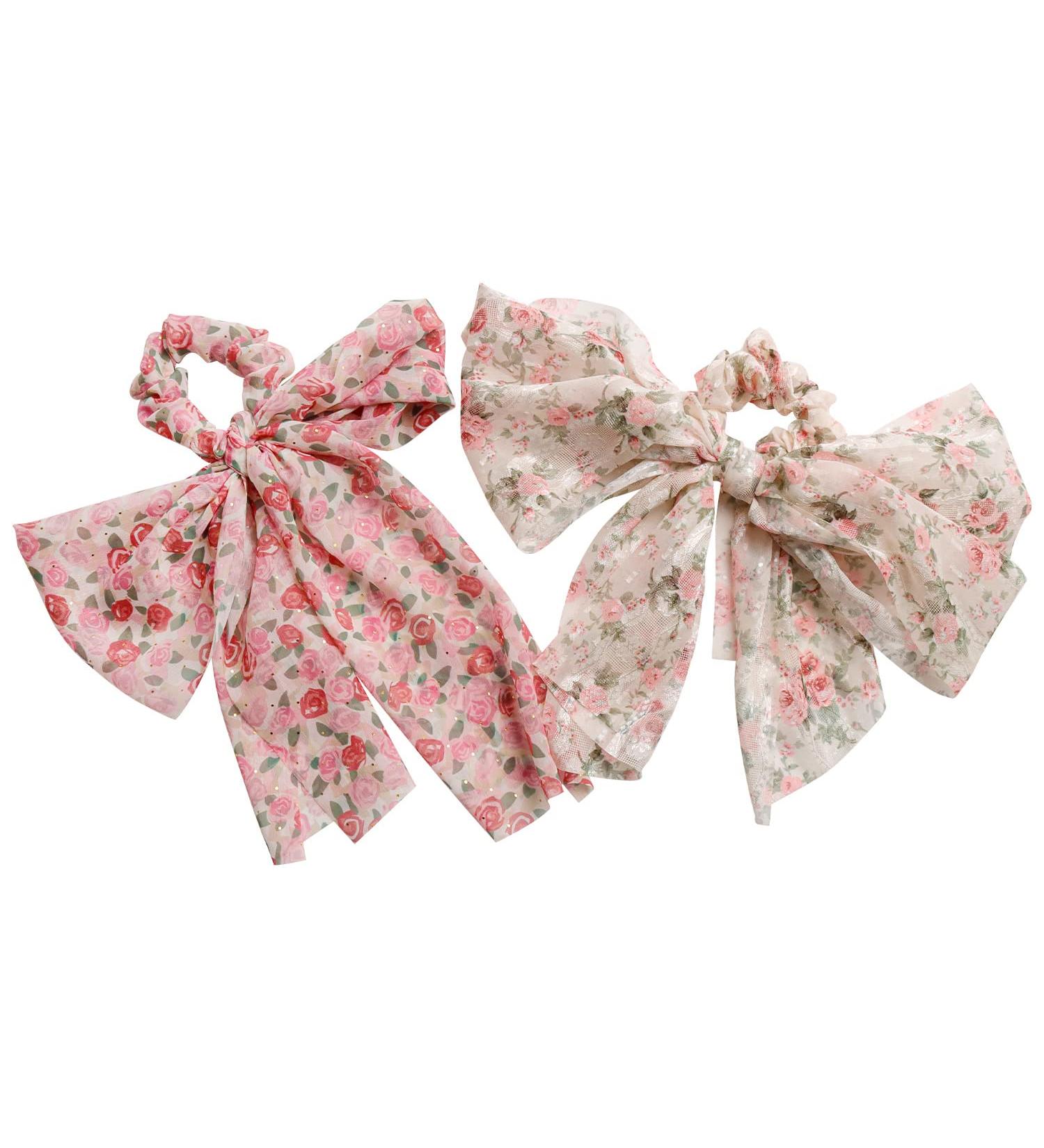 2PCS Floral Hair Scarf with Ribbon Bow for Women and Girls - Silk Long Tails Scrunchy Elastics Ponytail Holder - Buy Online on SooperMarket.com