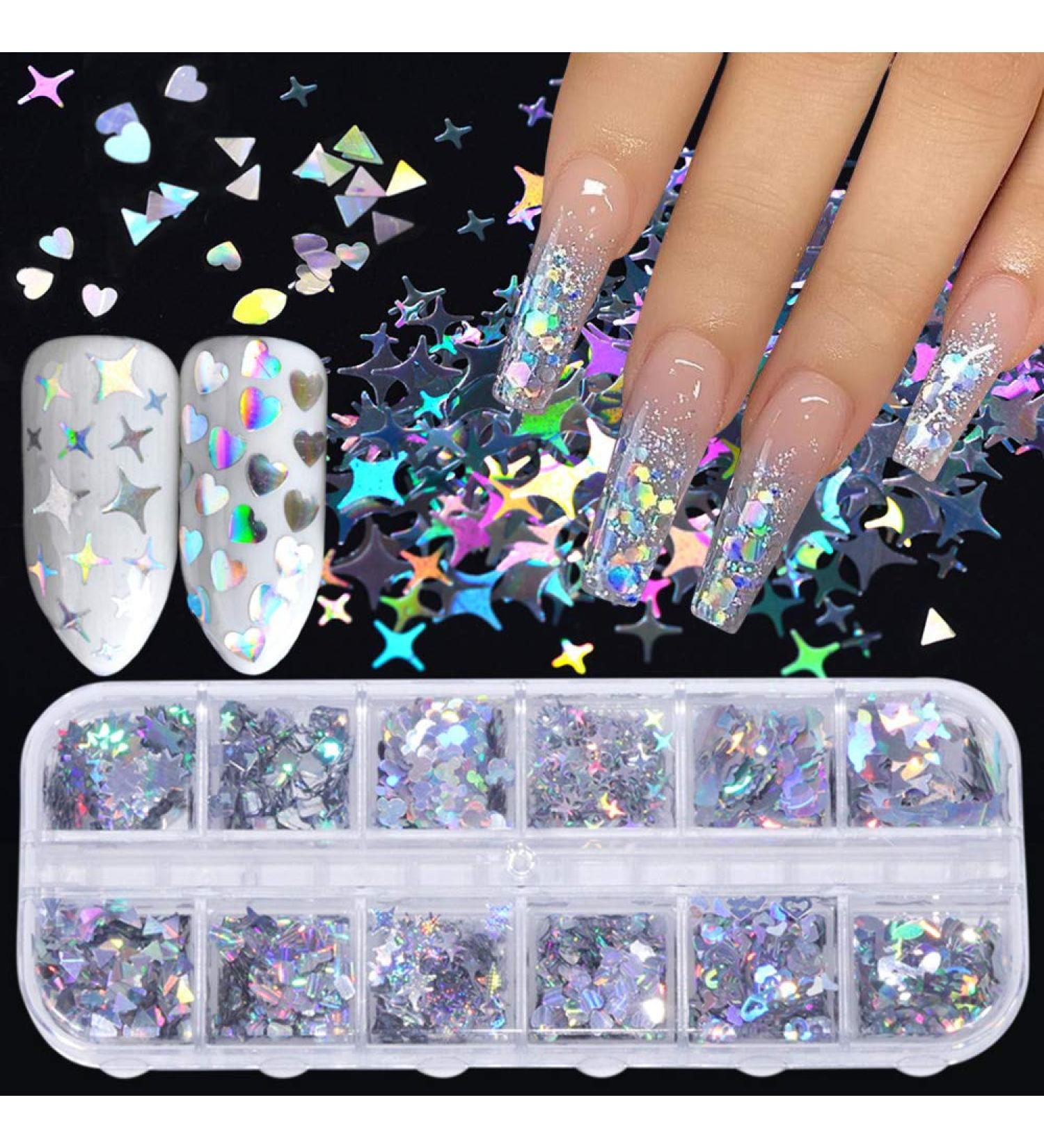 Holographic Nail Art Glitter Sequins - Laser Silver Decals 12 Grids | 3D Butterfly, Star, Heart, Unicorn Sticker Confetti for Acrylic Nails - Buy Online on SooperMarket.com
