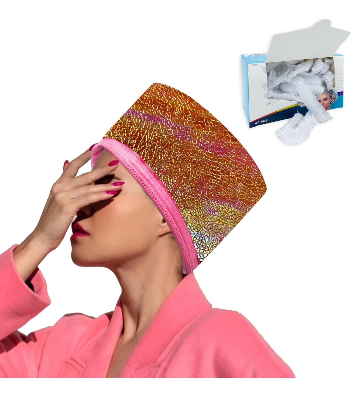 VICARKO Hair Steamer Cap for Deep Conditioning Orange Glittery + Disposable Shower Cap 60 pcs