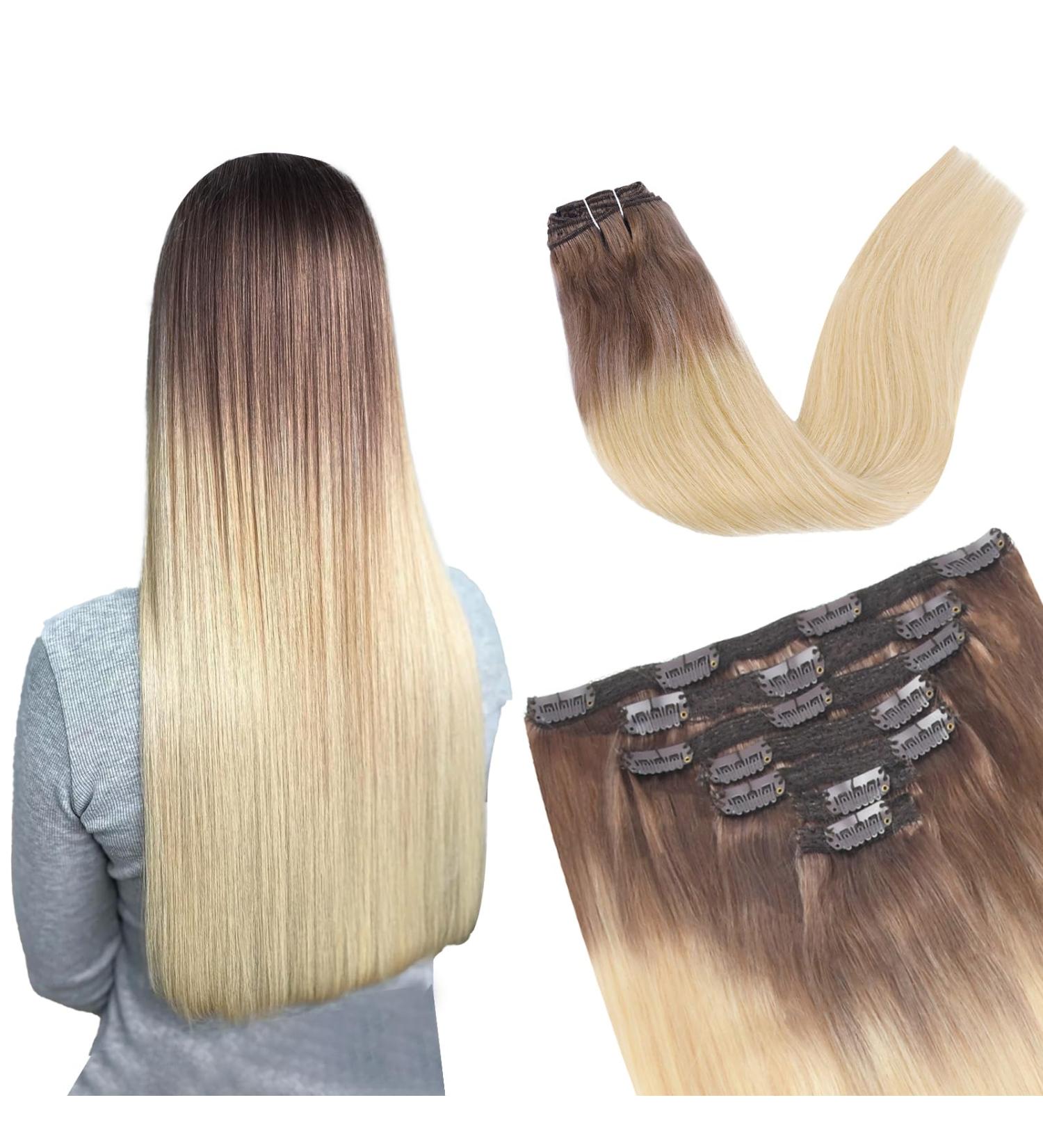 24 Seamless Human Hair Clip in Extensions - Natural Thick Straight Weft - 7 Pieces - T14/60+T14/60# - 100g - Women's Hair Extensions - Buy Online on SooperMarket.com