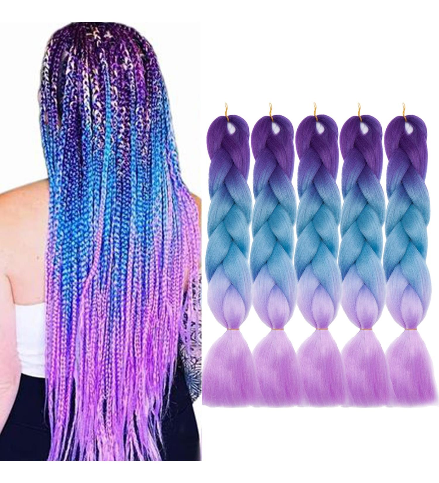 Tess Braids Extensions - 60 cm Jumbo Kanekalon Hair Braids (5 Pack) | Ombre Purple/Blue/Light Purple - Perfect for Box Braids | 100g/Bundle - Buy Online on SooperMarket.com