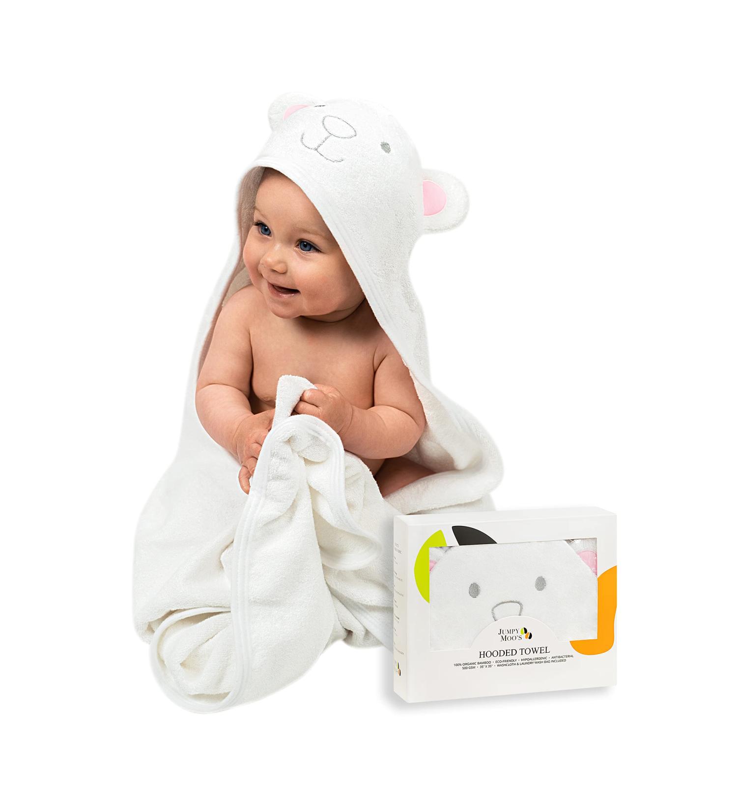 JM Organic Bamboo Hooded Baby Towel Set - Hypoallergenic & Absorbent - Perfect Baby Gift - Pink Bear Design - Includes Washcloth & Laundry Bag - 35x35 inches - Buy Online on SooperMarket.com