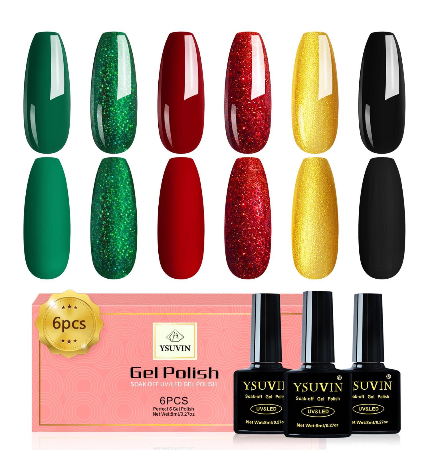 Yueshop Christmas Green Red Collection Gel Nail Polish Set - 6pcs Glitter Soak Off UV LED Lamp Varnish for Salon-Quality Nail Art at Home - 8ML - Buy Online on SooperMarket.com