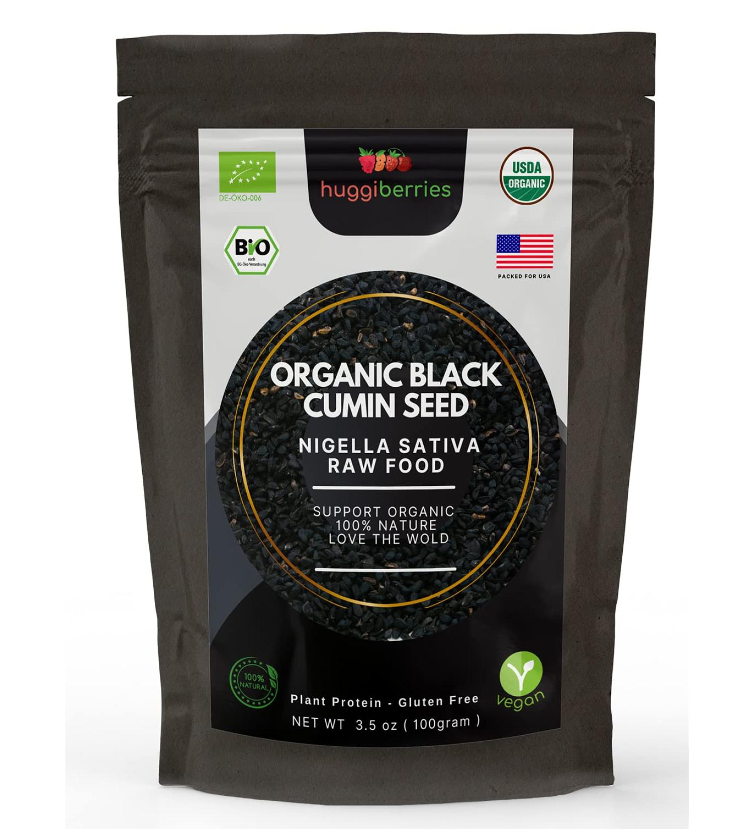 Huggiberries Organic Black Cumin Seed 3.5 oz - Natural Nigella Sativa Seeds, Raw Plant Protein for Bone, Cholesterol, Gut Health & Immunity. Gluten Free - Buy Online on SooperMarket.com
