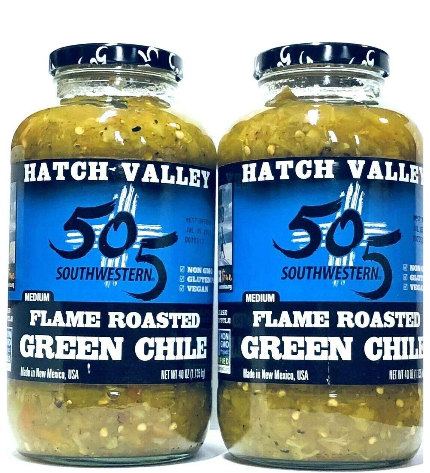Hatch Valley 505 Southwestern Medium Flame Roasted Green Chile - 2 Jars (40oz/1.13kg) - Buy Online on SooperMarket.com