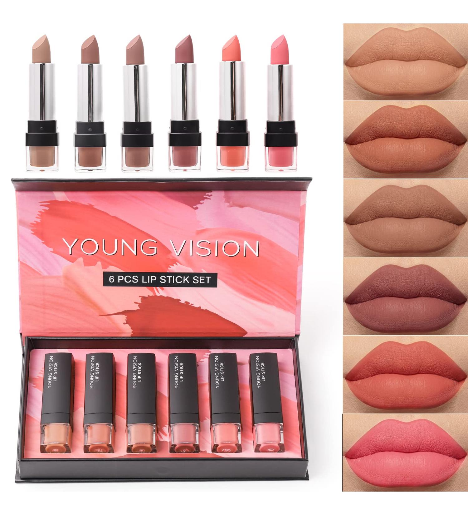 YOUNG VISION Lipsticks Set: Multi-finish Matte Nude Colors Bundle for Long-lasting & Moisturizing Lip Makeup - Pack of 6 - Perfect Gift for Women - Buy Online on SooperMarket.com