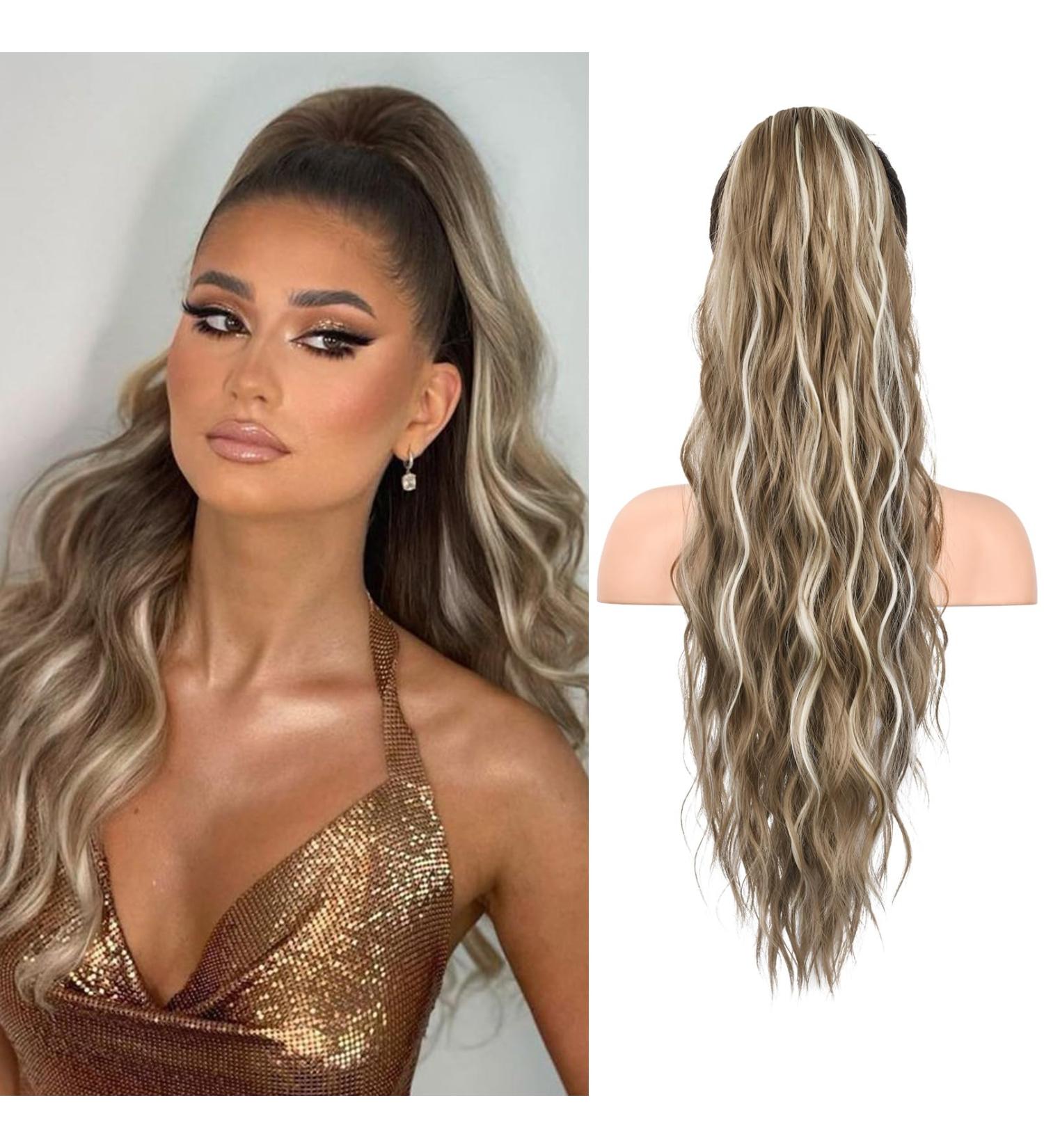 REECHO 26 Long Beach Wave Ponytail Extension - Ash Brown with Platium Highlights | Synthetic Drawstring Hairpiece for Women - Buy Online on SooperMarket.com