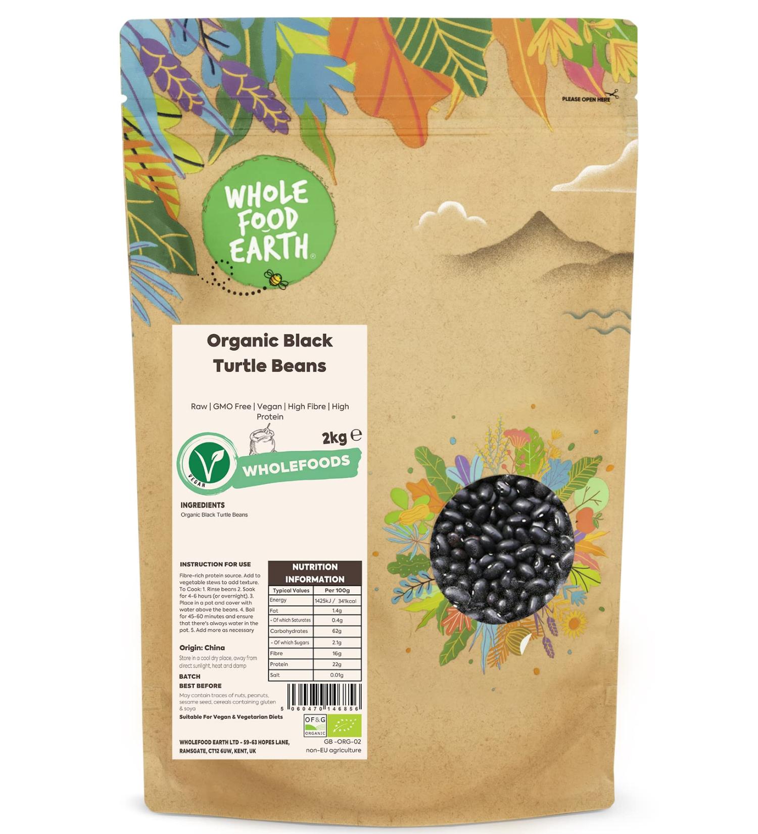 Wholefood Earth Organic Black Turtle Beans 2kg - GMO Free, Vegan, High Fibre & Protein | Certified Organic - Buy Online on SooperMarket.com