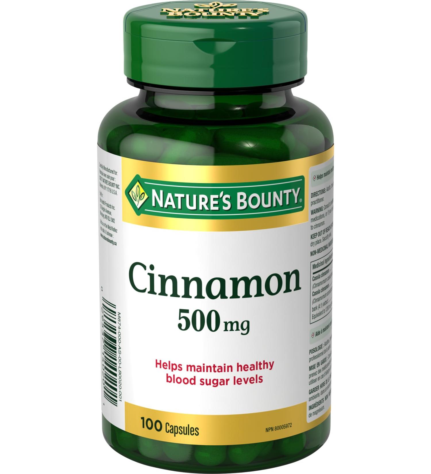 Nature's Bounty Cinnamon 500mg Pills and Herbal Health Supplement Helps Maintain Blood Sugar Levels 100 Capsules 100 count (Pack of 1) - Buy Online on SooperMarket.com
