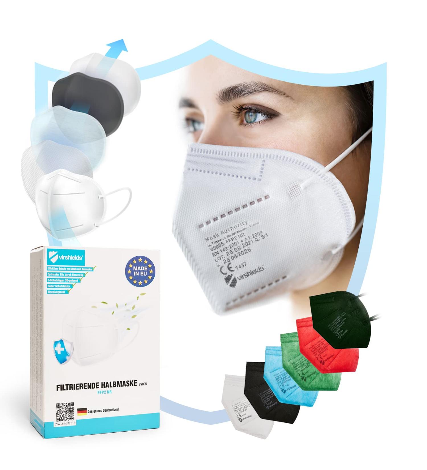 Virshields FFP2 Mundsprung Mask - 94% PFE 99.99% VFE EN 149 Certified 5 Layer Protection EU Made - White Breathing Protective Half Mask (30 Pack) - Buy Online on SooperMarket.com