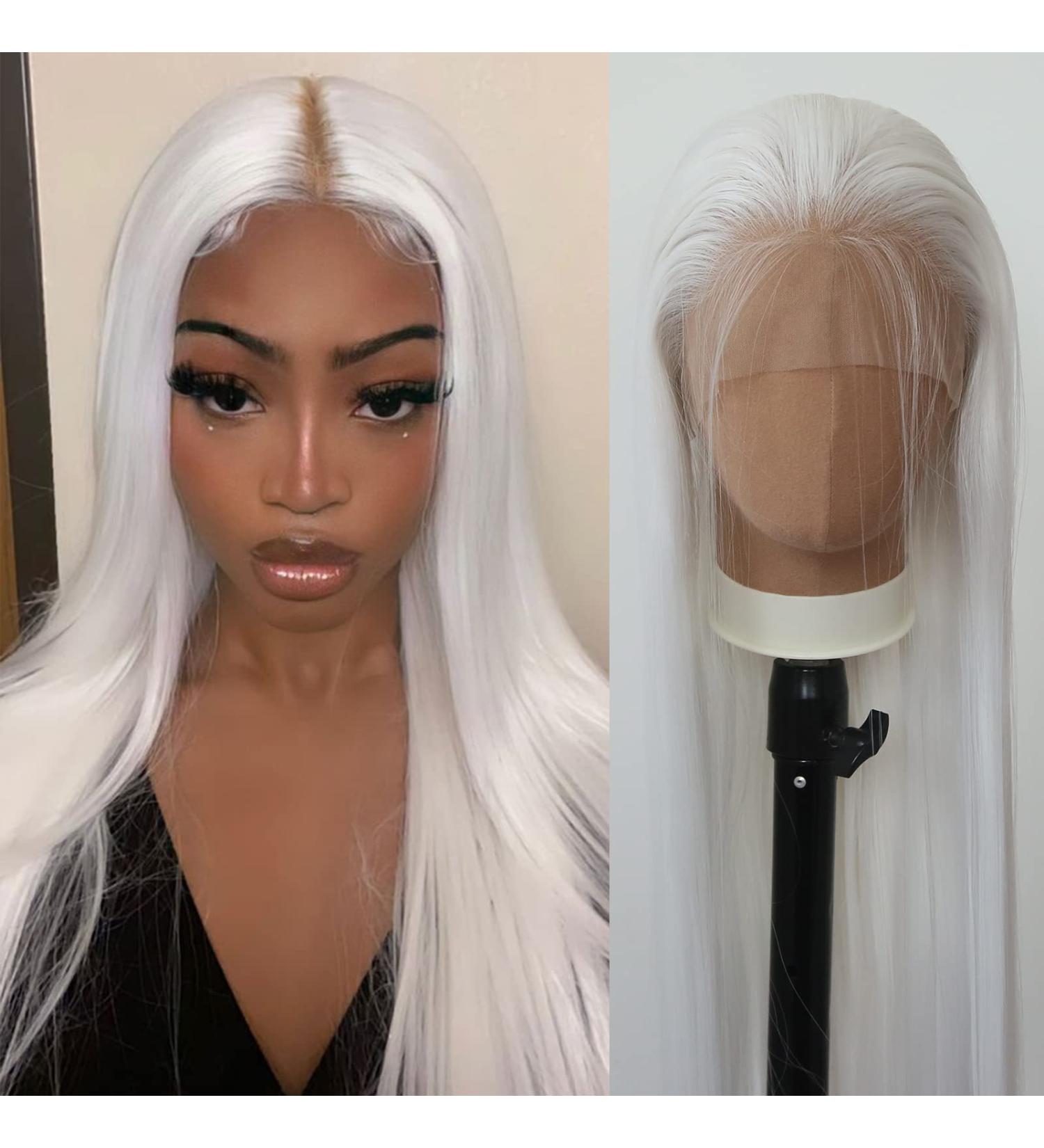Snow White Long Straight Synthetic Lace Front Wig for Black Women - Heat Resistant Fiber, Natural Hairline with Baby Hair - Perfect for Cosplay and Daily Wear - Buy Online on SooperMarket.com