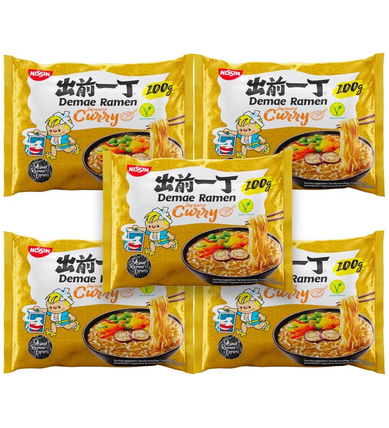 Nissin Demae Ramen Instant Noodles - Japanese Curry Flavour Noodle for Vegetarian 100g (Pack of 5)
