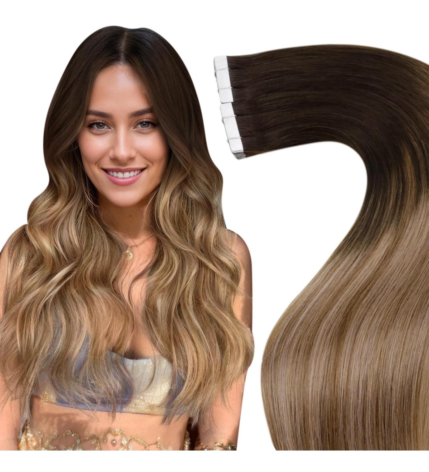 Laavoo 60cm Tape Extensions - Balayage Brown Real Hair Extensions | Darkest Brown to Medium Brown Invisible 50g 20pcs #2/6/10 | International Shipping Available - Buy Online on SooperMarket.com