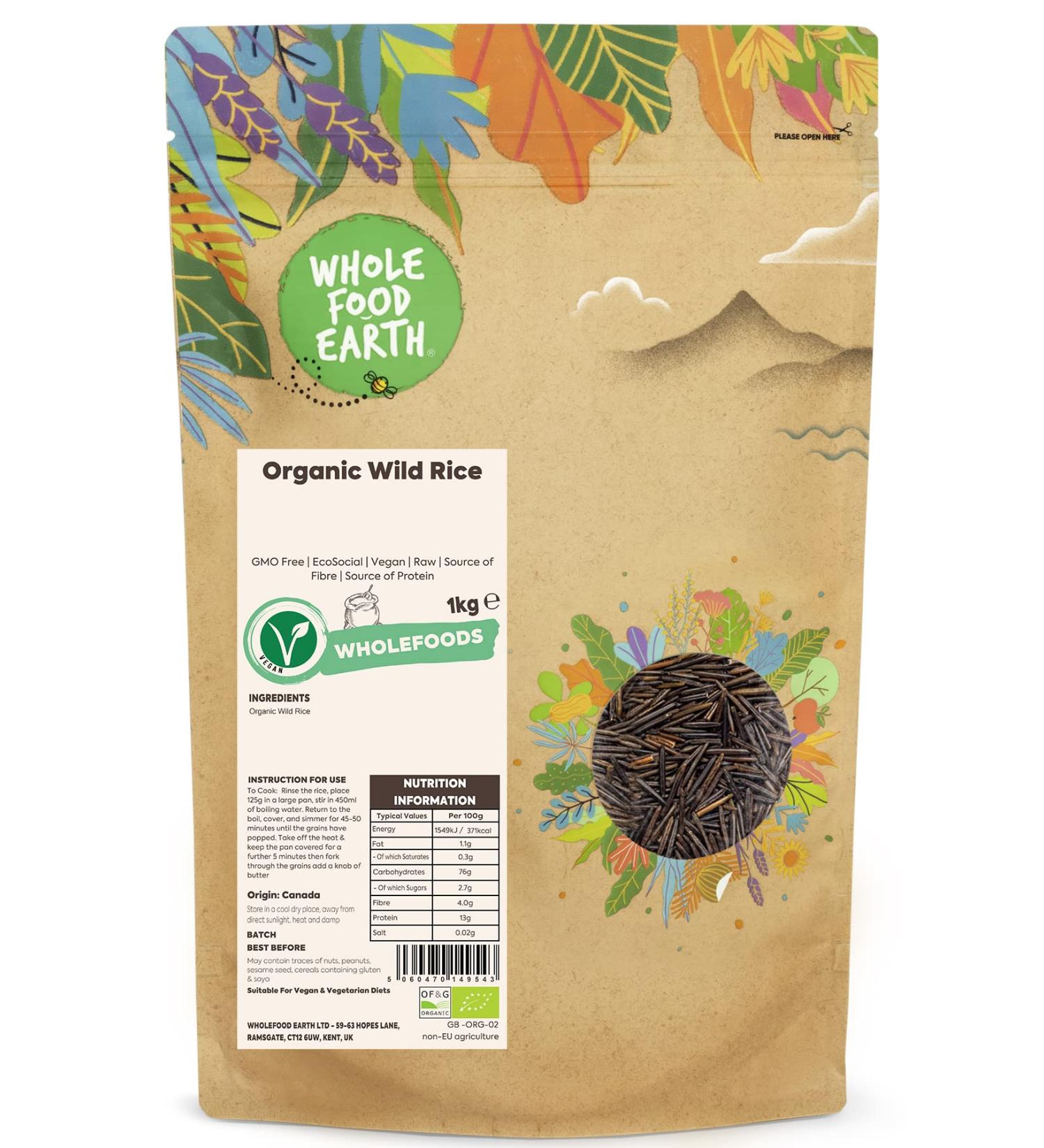 Wholefood Earth Organic Wild Rice 1kg - GMO Free, EcoSocial, Vegan | Raw, High in Fiber & Protein | Certified Organic - Buy Online on SooperMarket.com