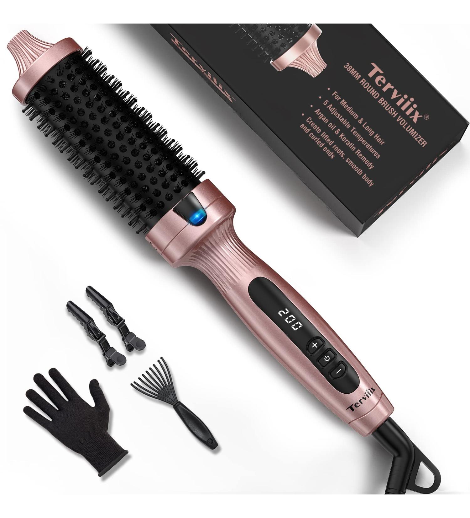 Terviiix 38MM Ceramic Tourmaline Ionic Curling Iron Brush - Volumizing Hot Brush for Root Volume & Loose Curls - Digital Display, 5 Temperatures, Dual Voltage - Rose Gold - Buy Online on SooperMarket.com