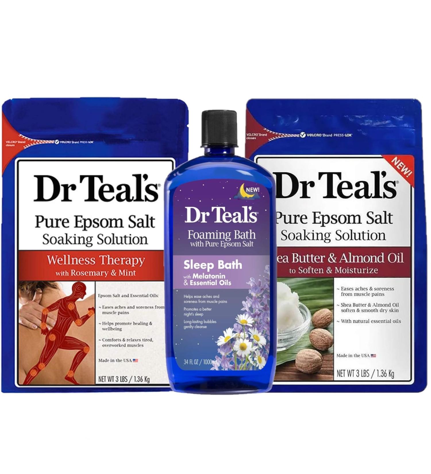 Dr Teal's Salt & Foam Bath Variety Gift Set - 3 Pack (130oz) | Rosemary & Mint Shea Butter & Almond Oil Melatonin Foam Bath | Essential Oils for Stress Relief & Aches - International Shipping Available - Buy Online on SooperMarket.com