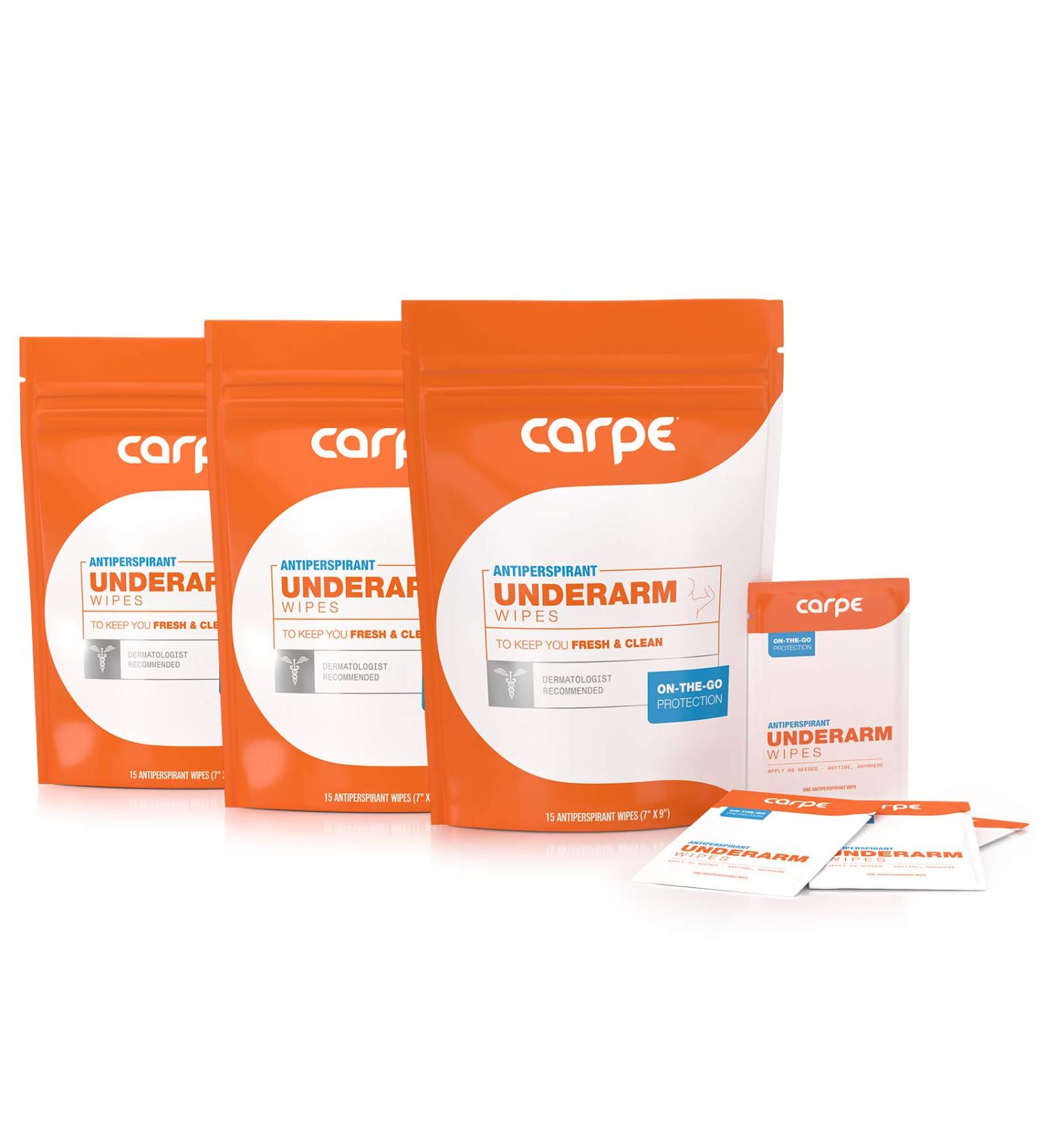 Carpe On-the-Go Antiperspirant Underarm Wipes (Pack of 3 Boxes) for Sweat Blocking Deodorizing and Cleansing When You're On the Move - 45 Residue Free Individually Wrapped Wipes 15 Count (Pack of 3) - Buy Online on SooperMarket.com
