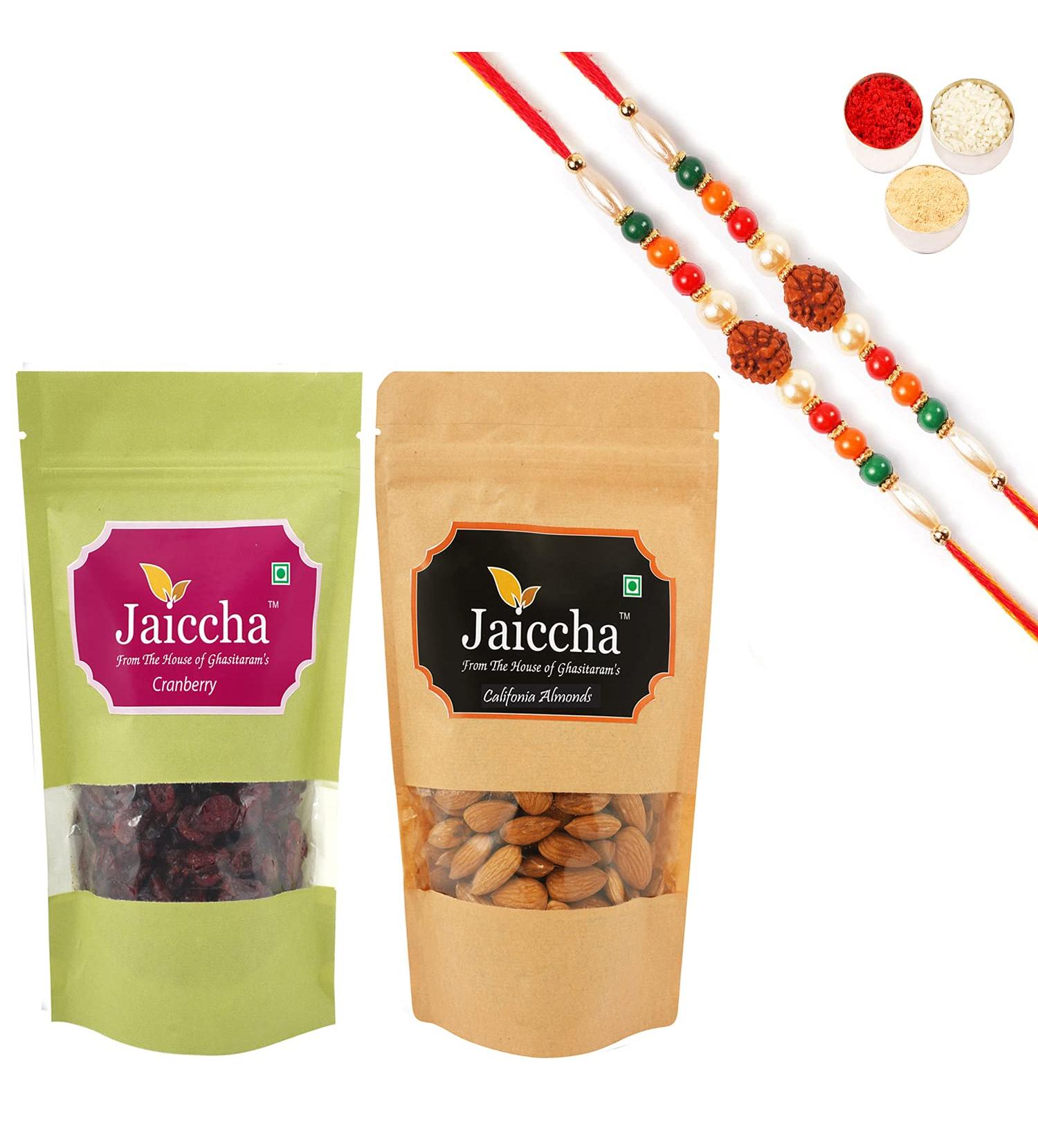 Jaiccha Ghasitaram Rakhi Gifts for Brothers Rakhi Dryfruits - Cranberry 100 GMS and Almonds 100 GMS Pouch with 2 Rudraksh Rakhis - Buy Online on SooperMarket.com