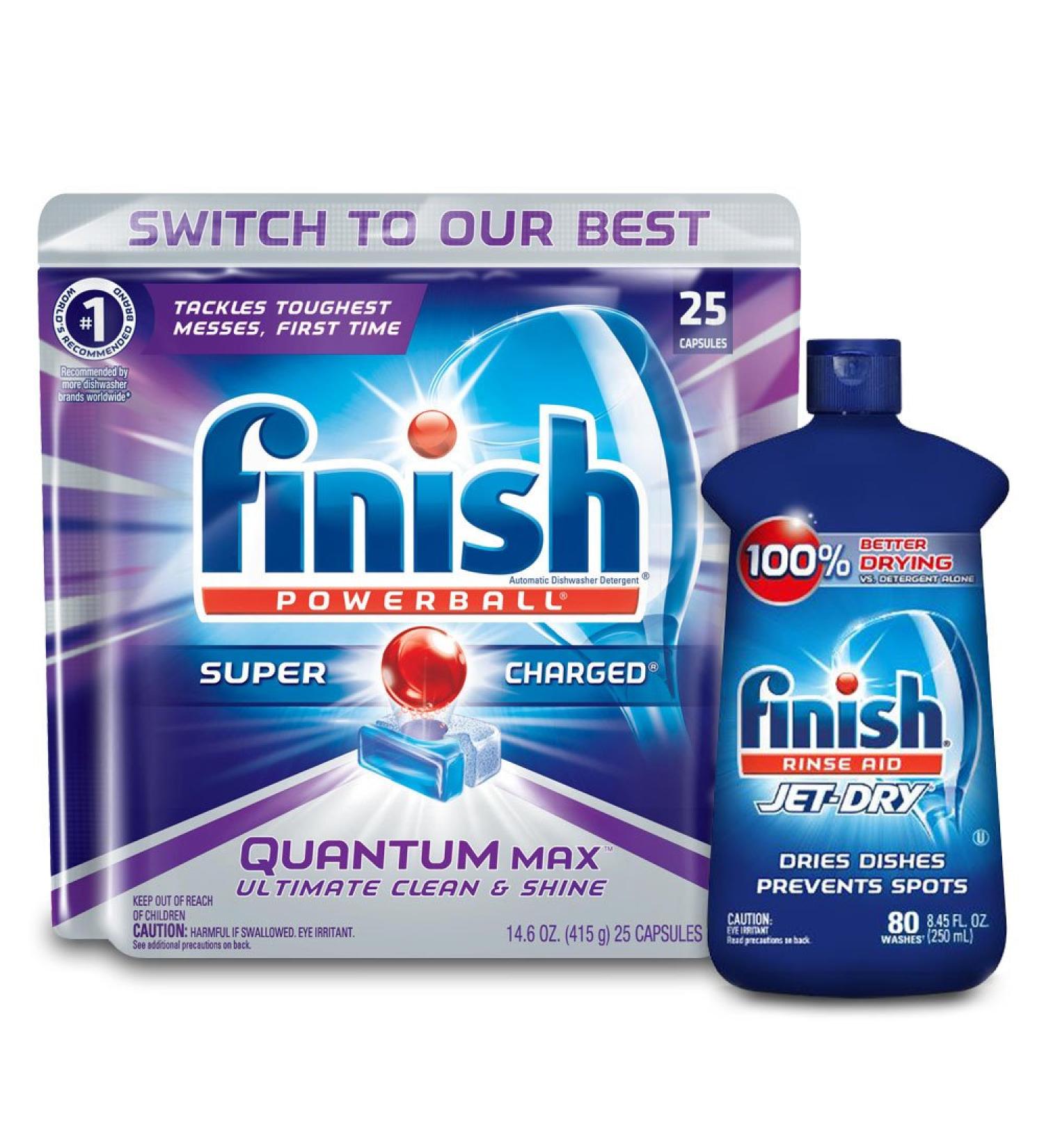 Finish Quantum 25ct with Finish Jet-Dry Rinse-Aid 8.45oz - Ultimate Dishwasher Cleaning Bundle - Buy Online on SooperMarket.com