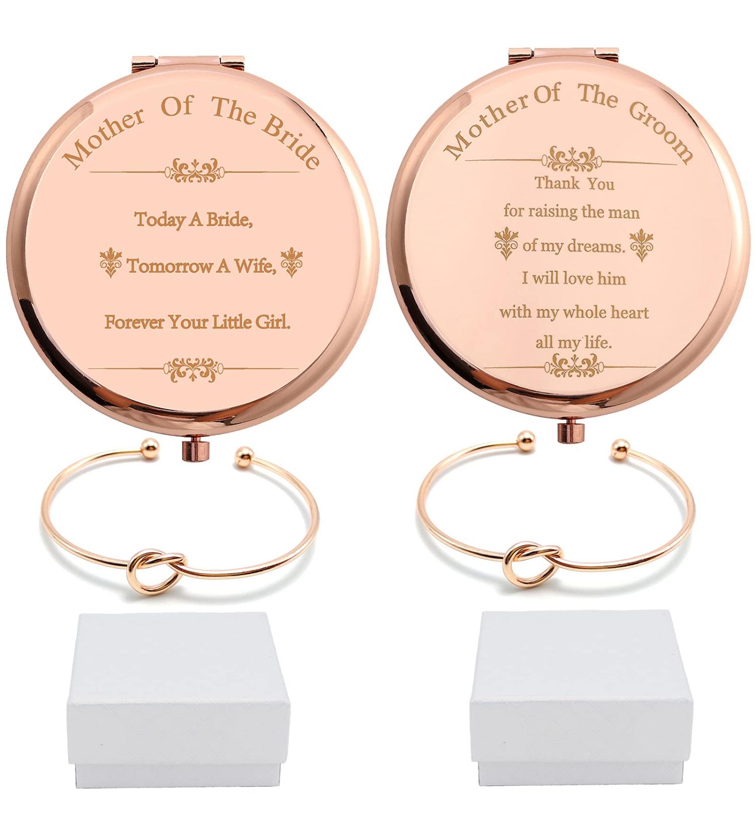 Mother of the Bride & Groom Mirrors Gift Set - Rose Gold Stainless Steel Compact Mirror with Bracelets - Wedding Proposal Gift - Buy Online on SooperMarket.com