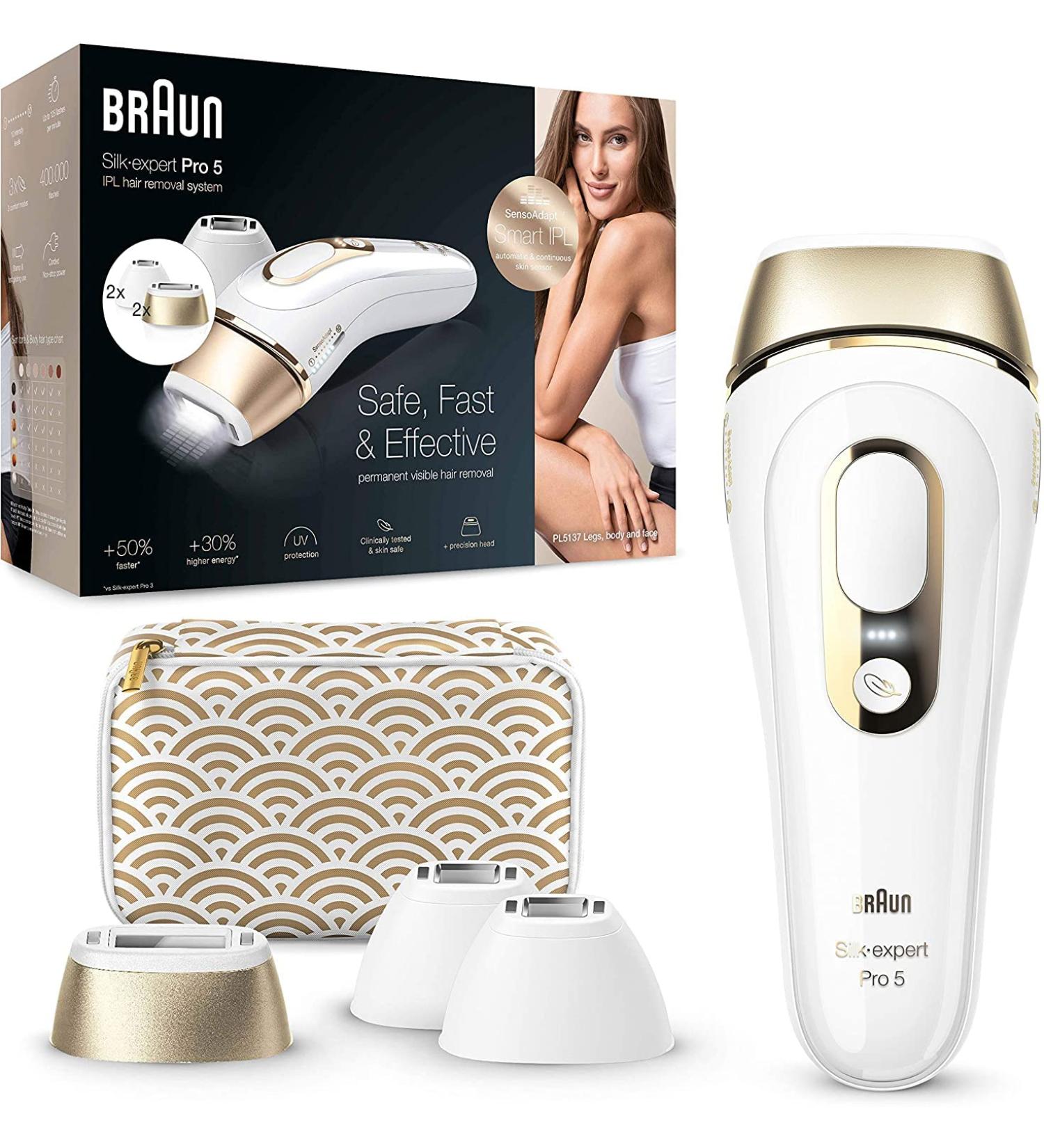 Braun IPL Silk Expert Pro 5 hair removal device for permanently visible hair removal Venus razor & bag alternative to laser hair removal gift for women pl5137mn white/gold
