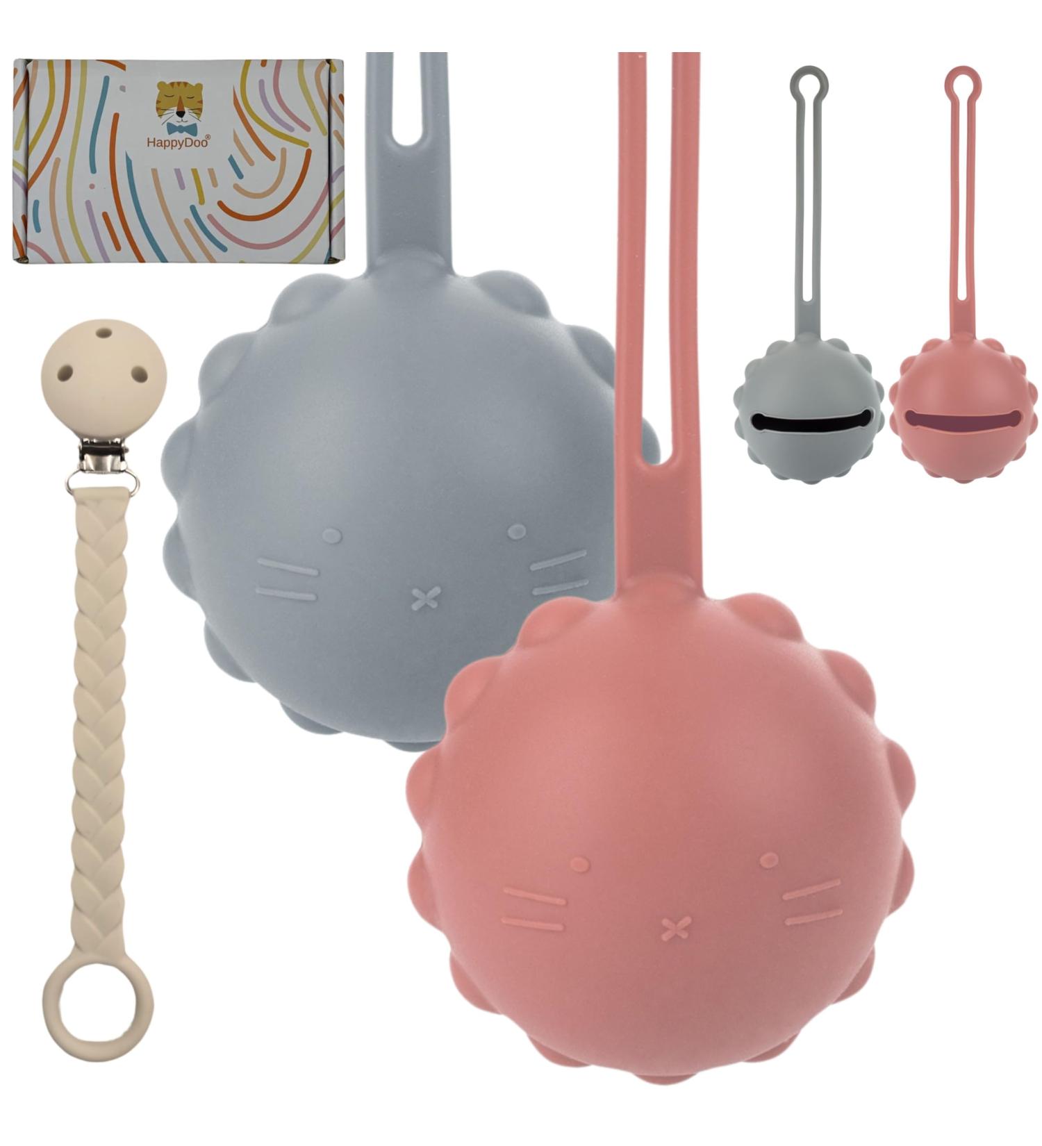 Happydoo Pacifier Box & Chain Set | 2 BPA-Free Pacifier Storage Boxes + Gift Cardboard | Pink & Gray | Easy to Clean & Travel-Friendly - Buy Online on SooperMarket.com