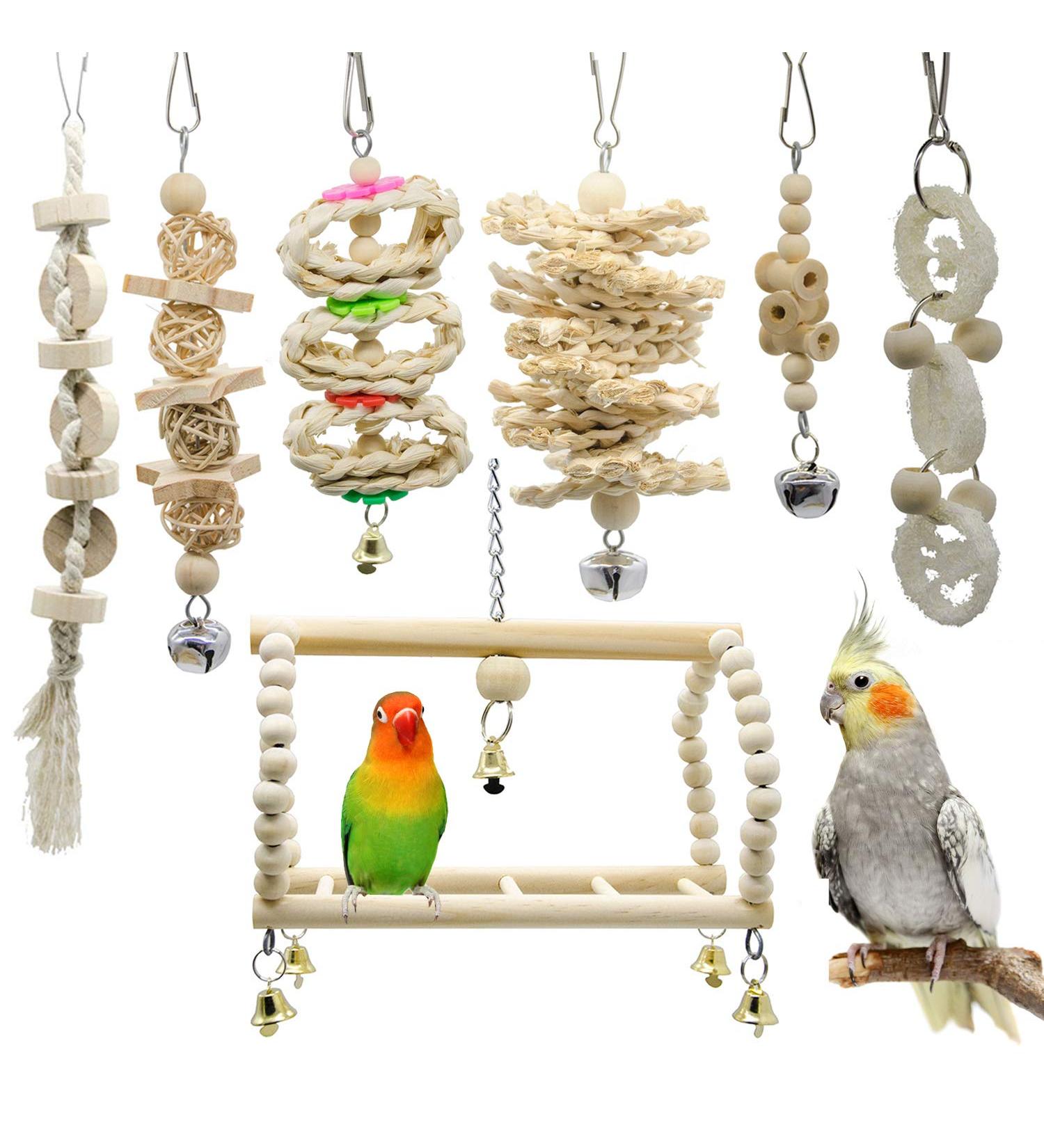 Deloky 7 Pack Bird Parrot Swing Chewing Toys - Hanging Bell Cage Toys for Small Parakeets, Cockatiels, Conures, Finches, Budgies, Macaws, Parrots, Love Birds - Buy Online on SooperMarket.com