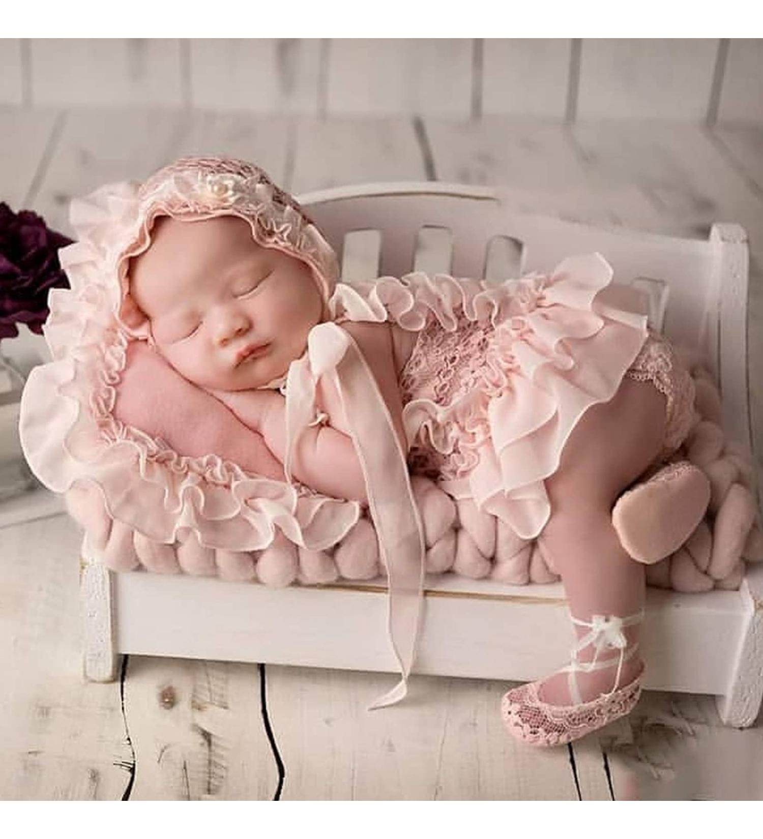 Yuehuam Newborn Photography Prop Girl Outfits Set - Baby Lace Romper, Hat, Pillow, Shoes & Skirt Clothes in Pink for Infant Photoshoot - Buy Online on SooperMarket.com